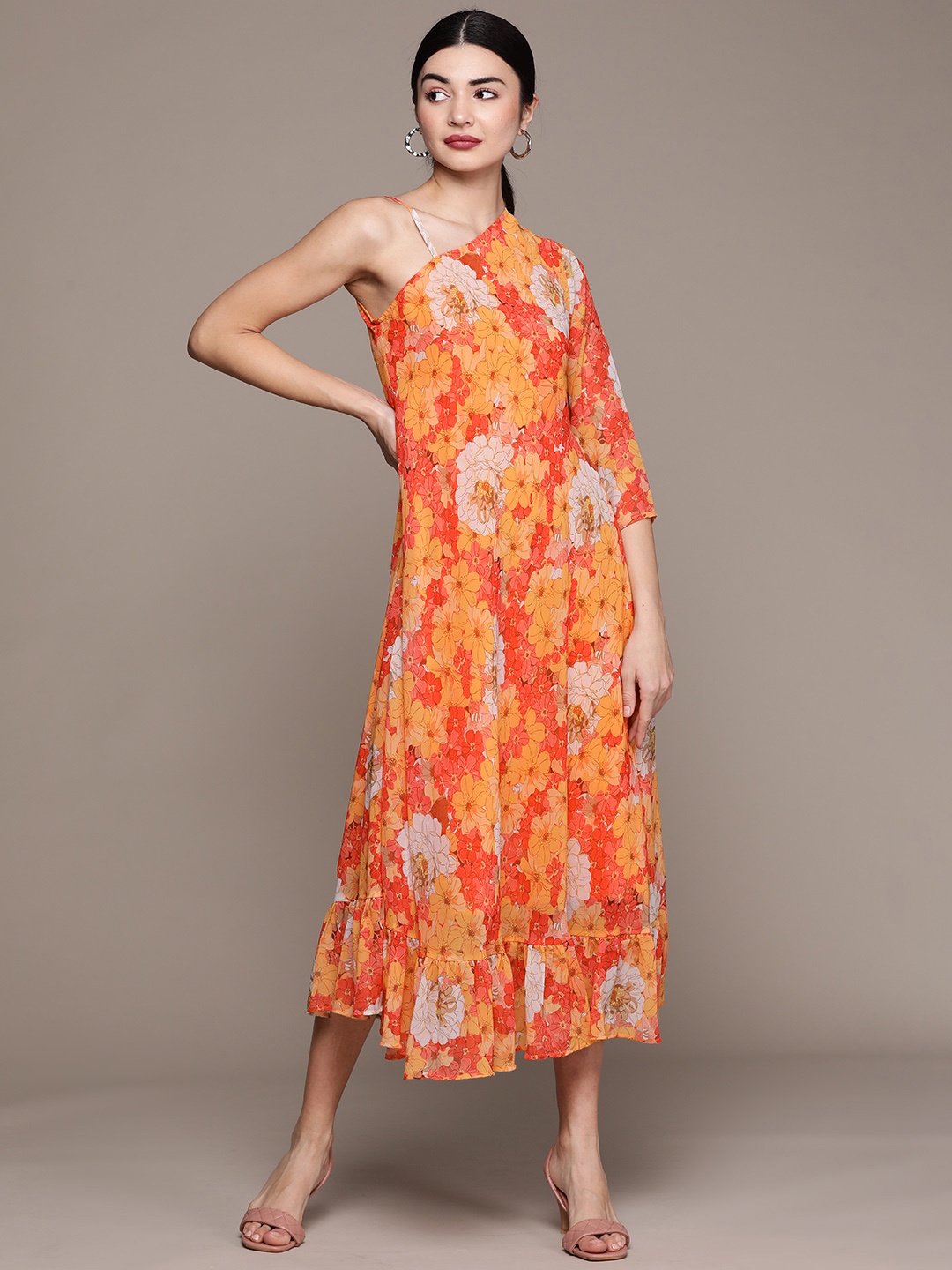 

ZIYAA Mustard Yellow & Orange Floral Printed One Shoulder Georgette Fit & Flare Maxi Dress