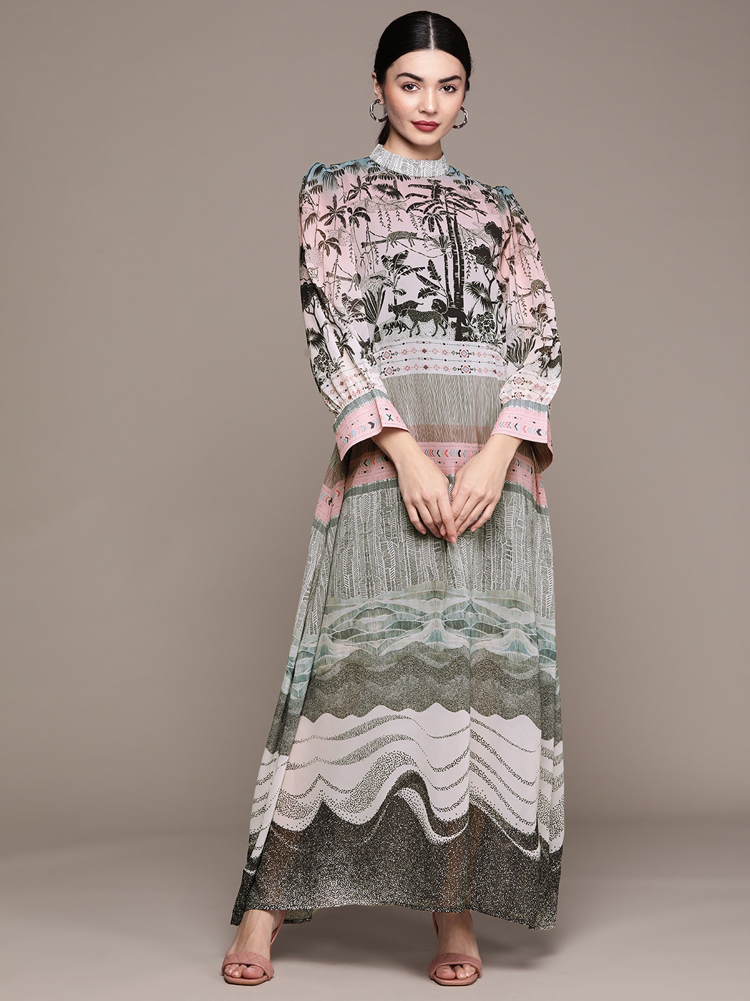

ZIYAA Pink & Black Conversation Printed Georgette Fit & Flare Maxi Dress