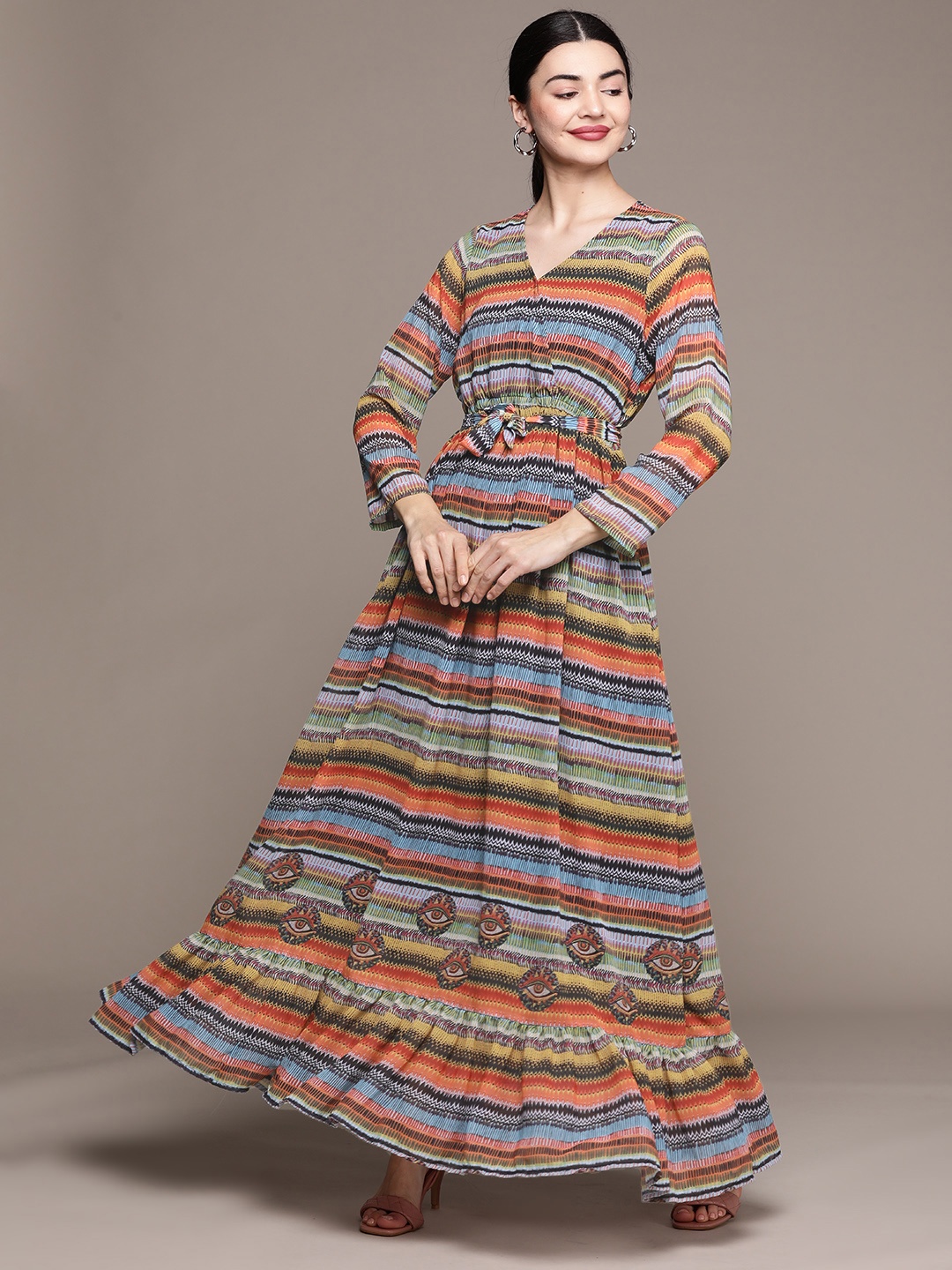 

ZIYAA Multicoloured Tribal Printed Georgette Maxi Dress, Blue