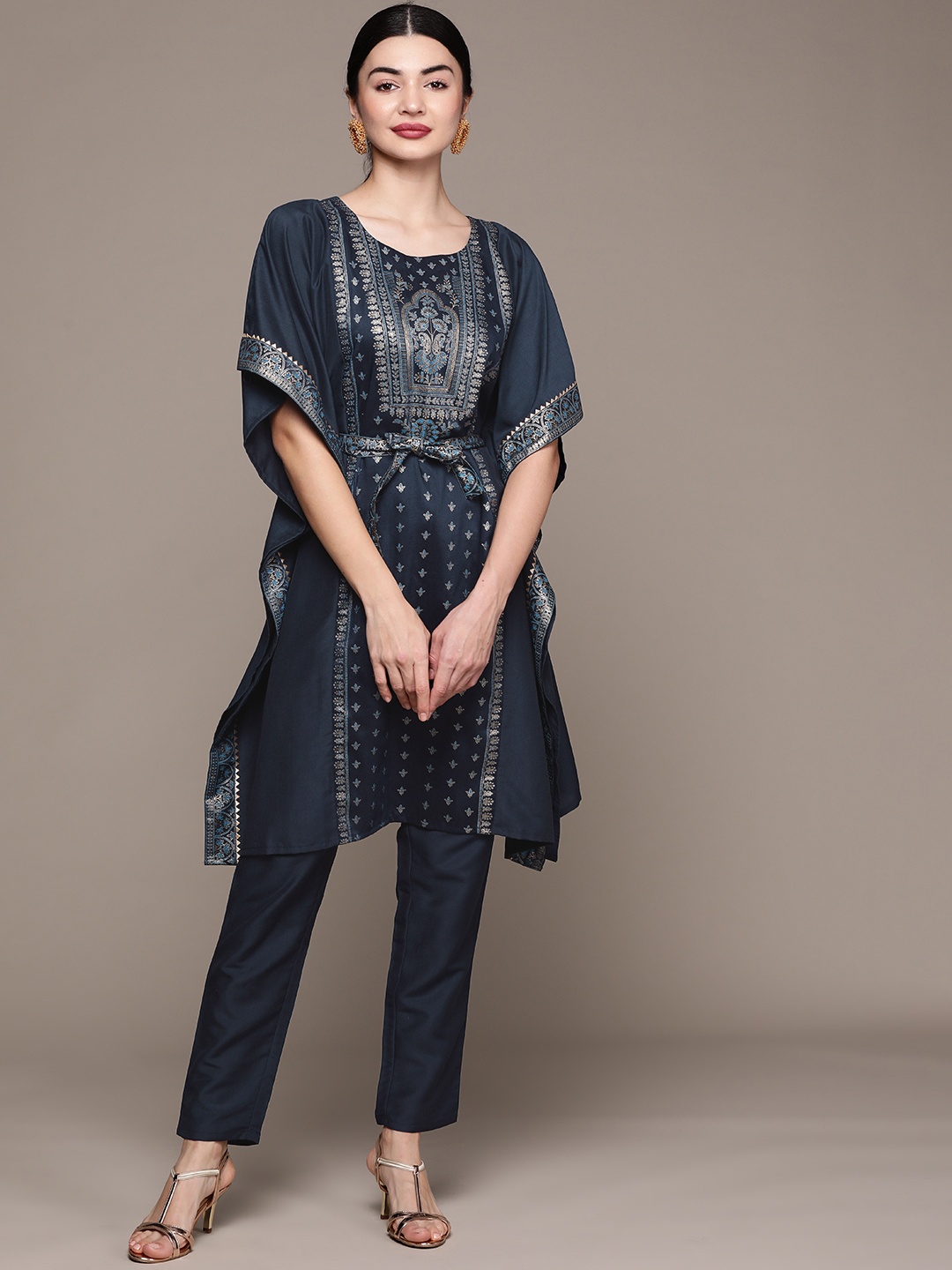

ZIYAA Women Navy Blue Floral Printed Kaftan Kurta with Trousers