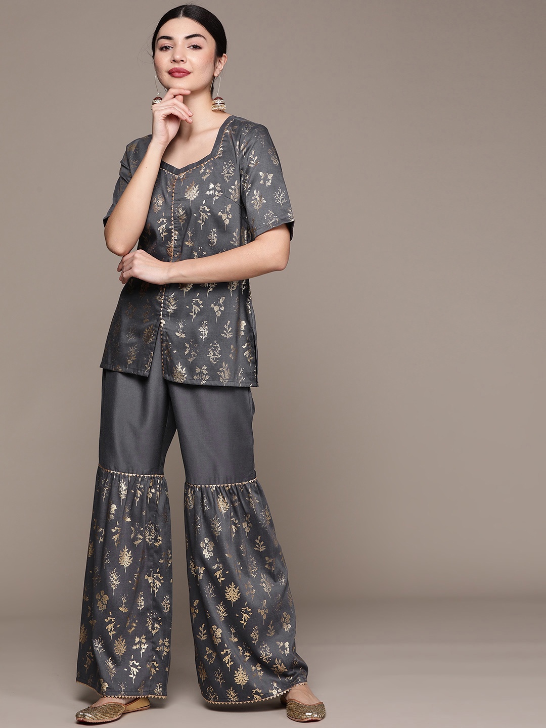 

ZIYAA Women Grey Foil Floral Printed Top with Sharara
