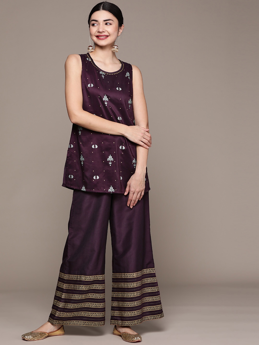 

ZIYAA Women Burgundy Ethnic Motifs Printed Kurta with Palazzos