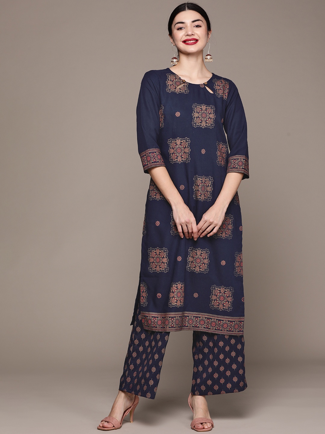 

ZIYAA Women Navy Blue Ethnic Motifs Printed Kurta with Palazzos