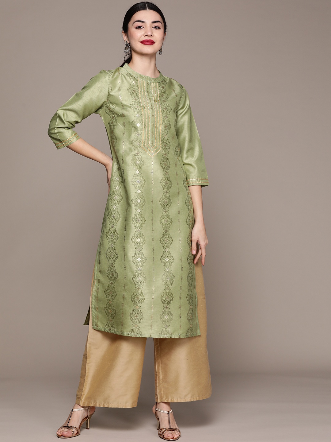 

ZIYAA Women Mint Green & Gold-Toned Floral Printed Kurta