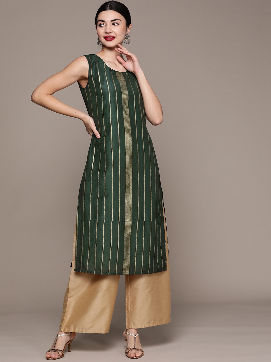 

ZIYAA Women Green & Gold-Toned Foil Printed Kurta