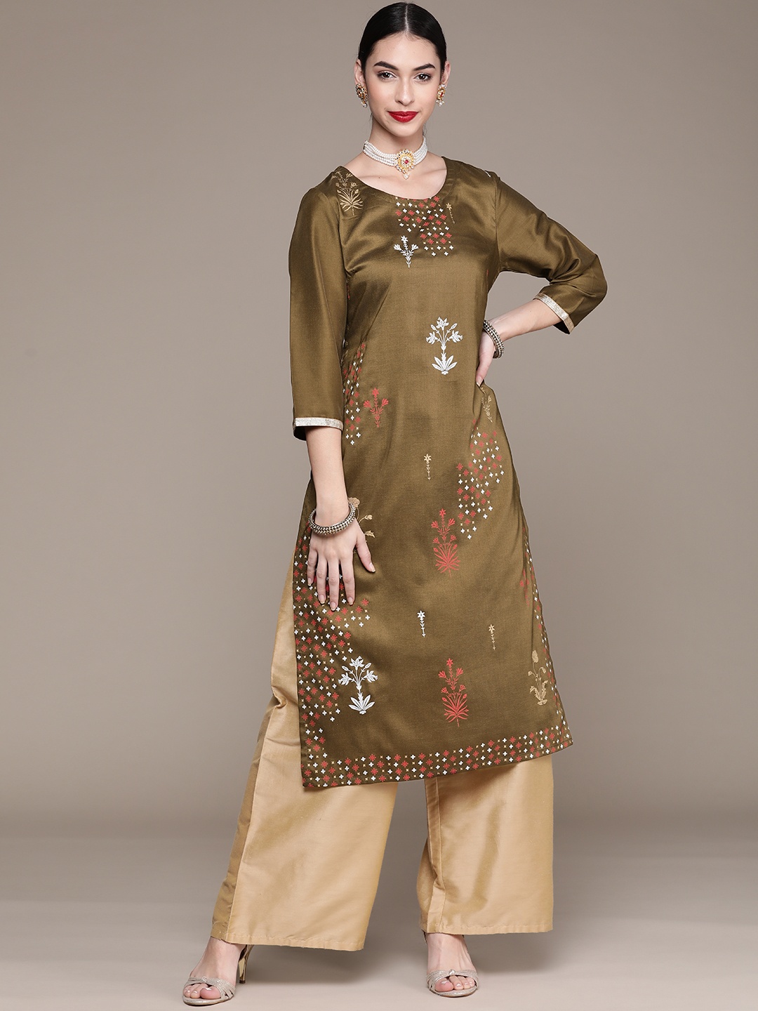 ZIYAA Women Olive Green Floral Printed Floral Kurta