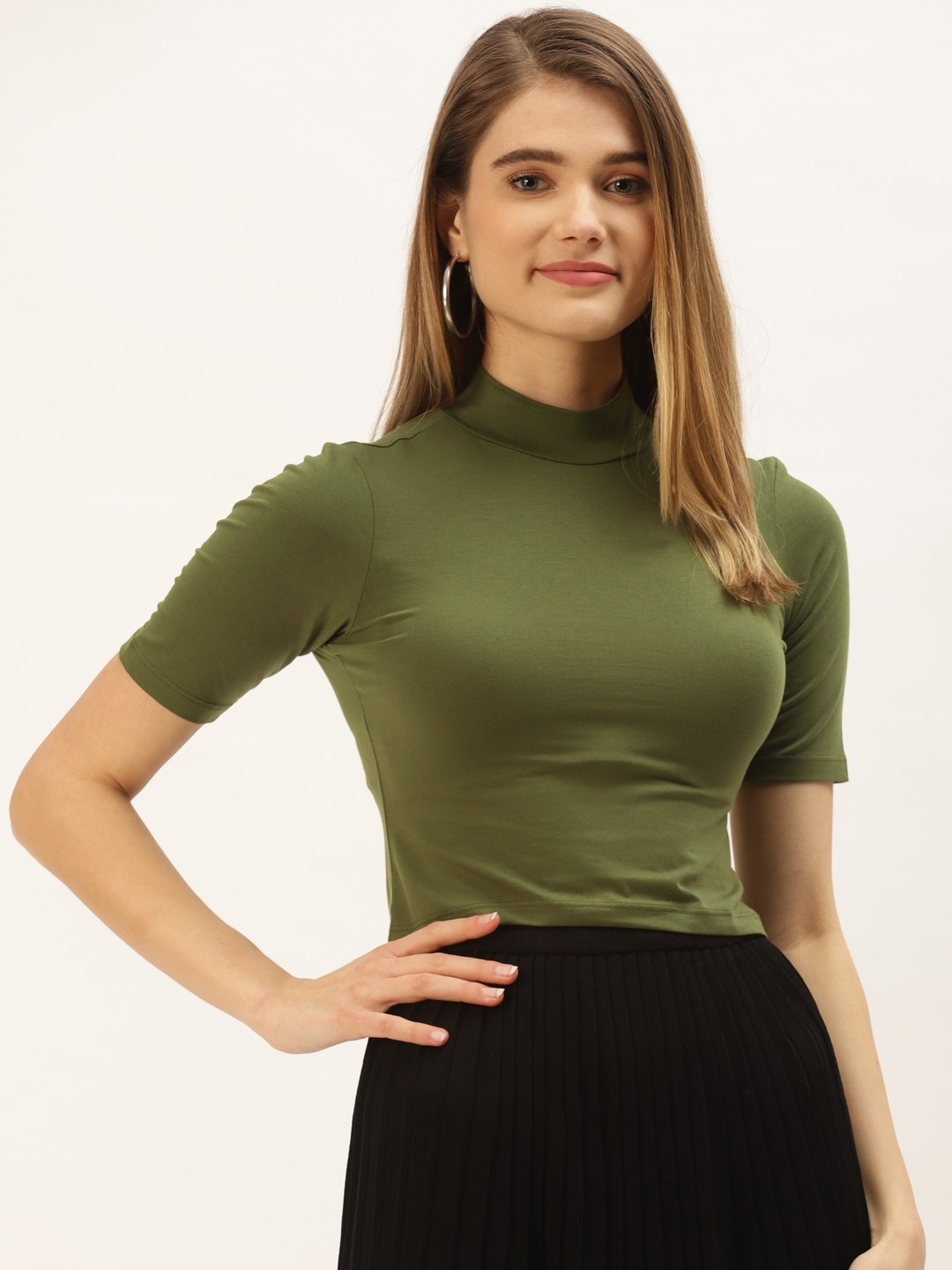 

FEMEA Olive Green Solid Cotton Crop Top