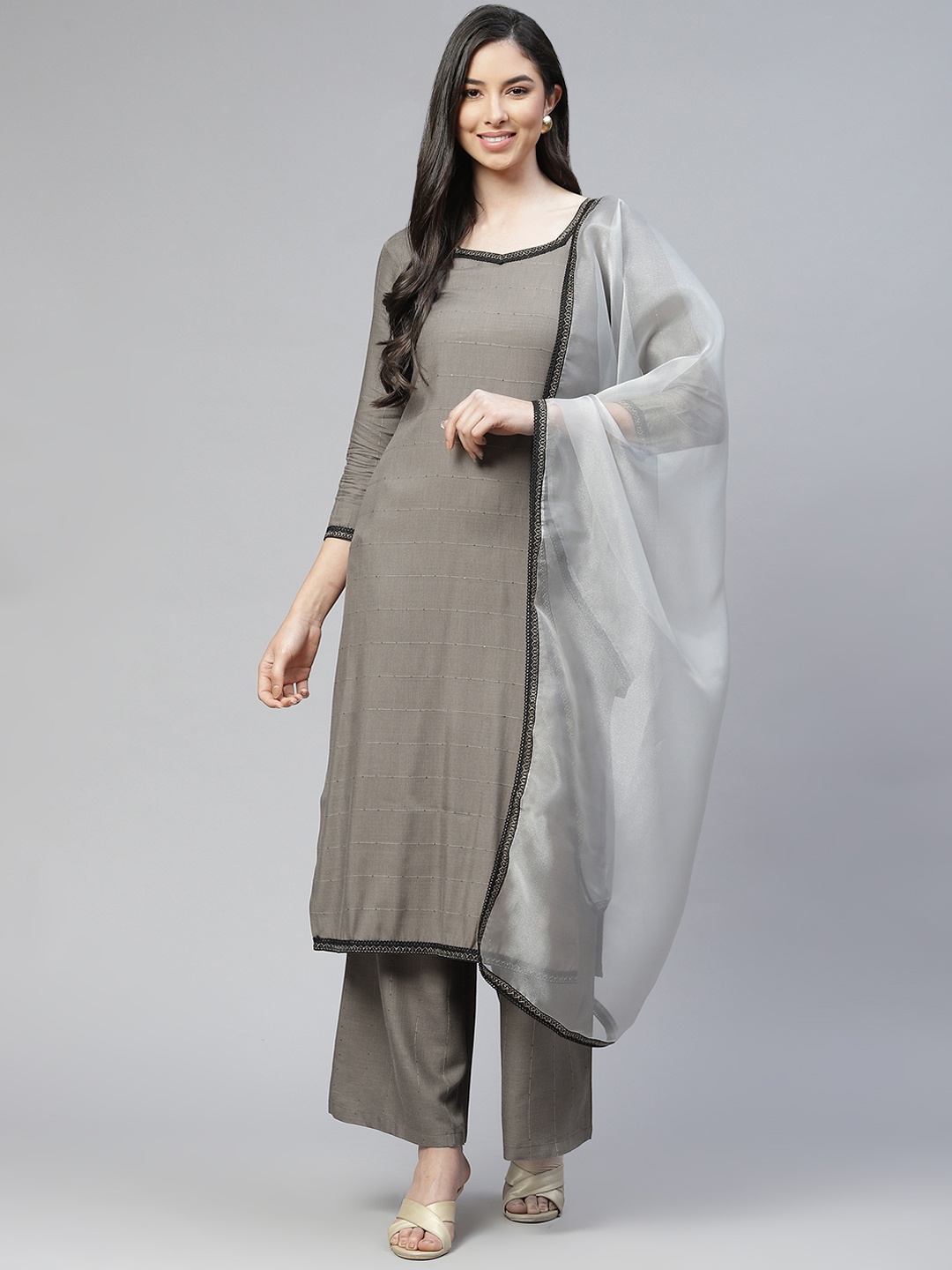 

Cottinfab Women Grey Sequinned Kurta with Palazzos & With Dupatta