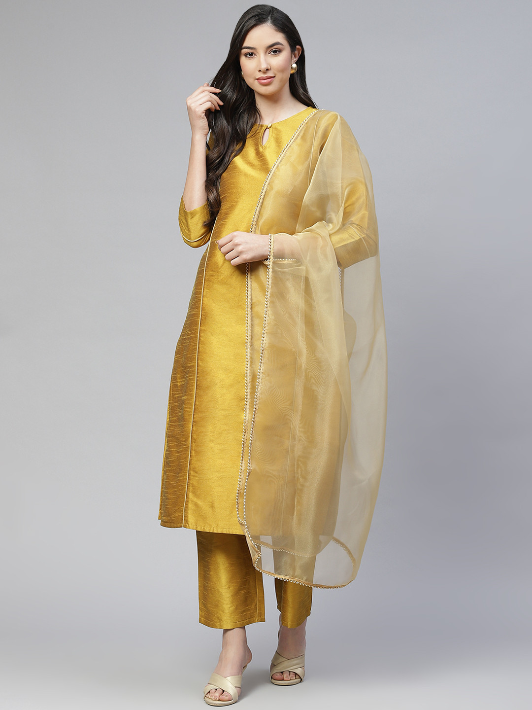 

Cottinfab Women Mustard Yellow Kurta with Trousers & With Dupatta