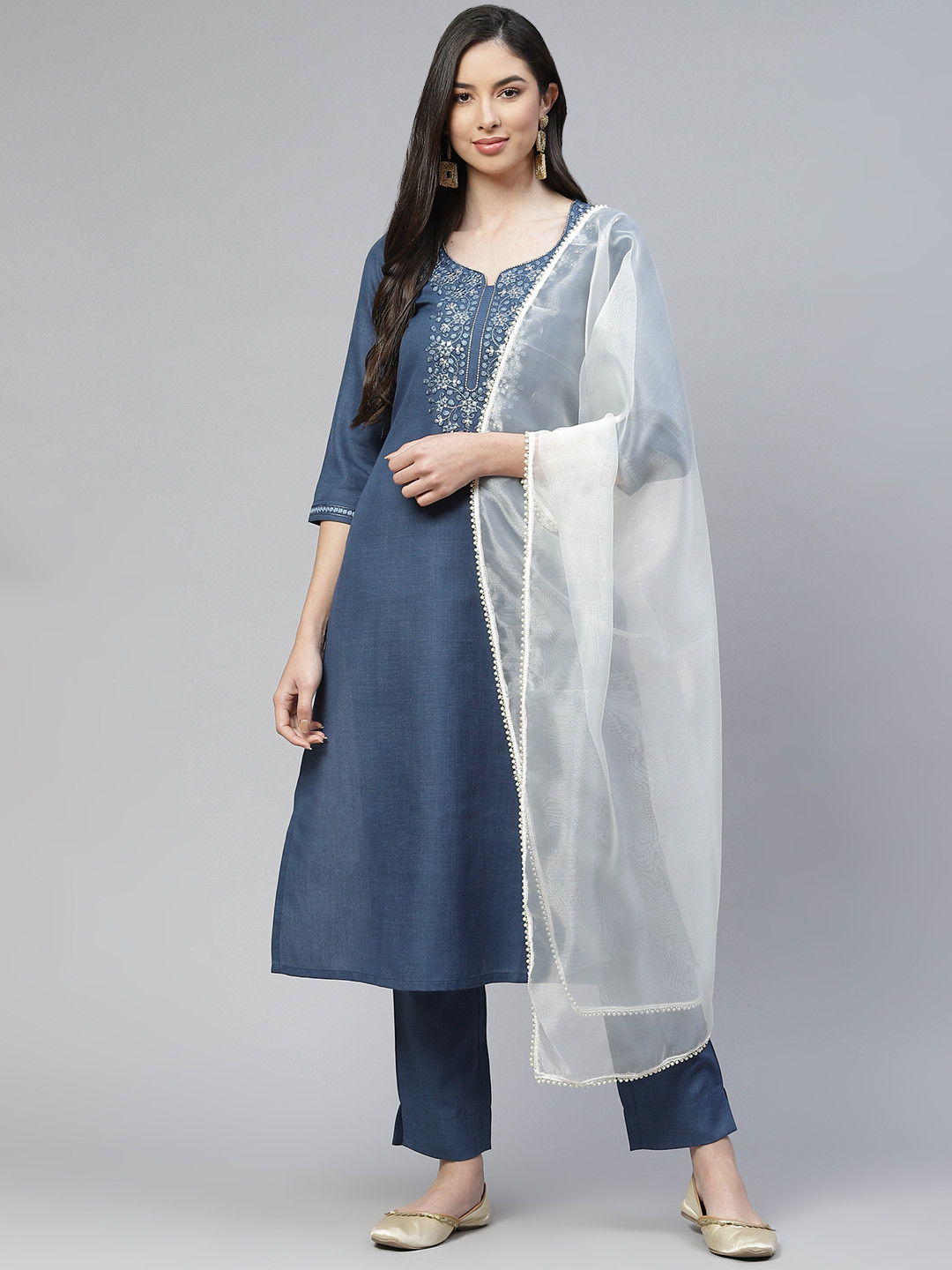 

Cottinfab Women Blue Ethnic Motifs Embroidered Kurta with Trousers & Dupatta