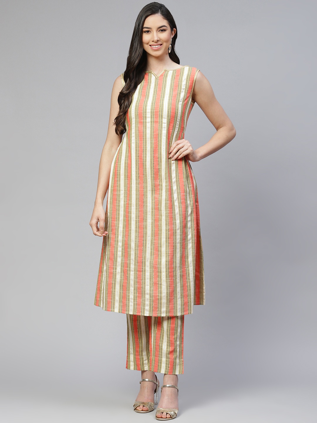 

Cottinfab Women Off White Striped Pure Cotton Kurta with Trousers