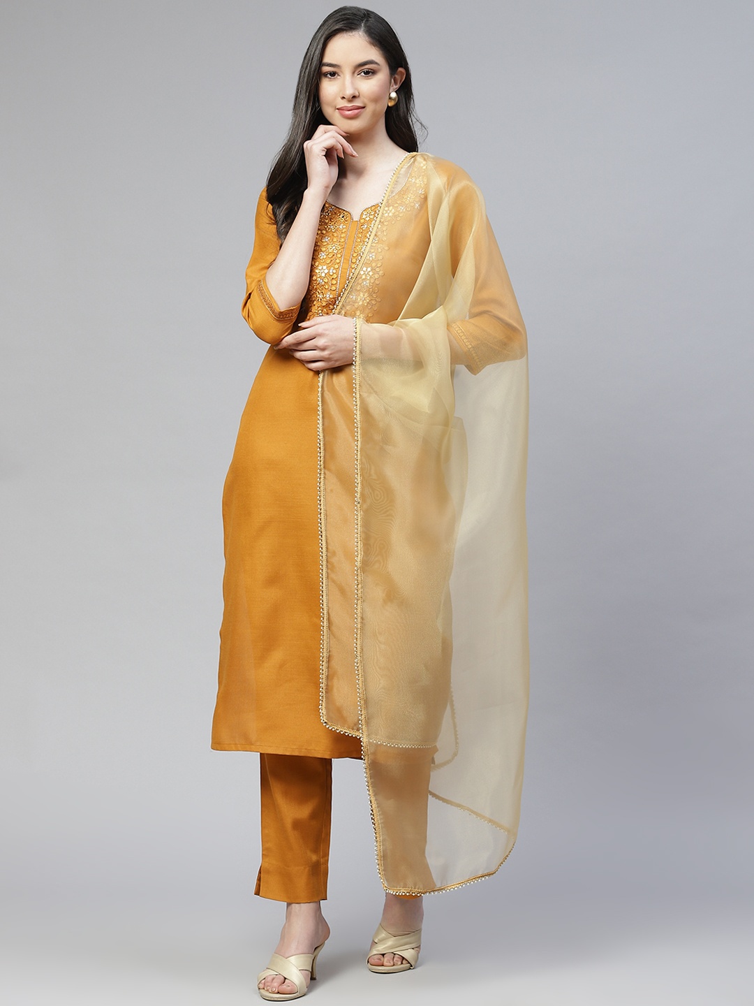 

Cottinfab Women Mustard Yellow Ethnic Motifs Embroidered Kurta with Trousers & With Dupatta