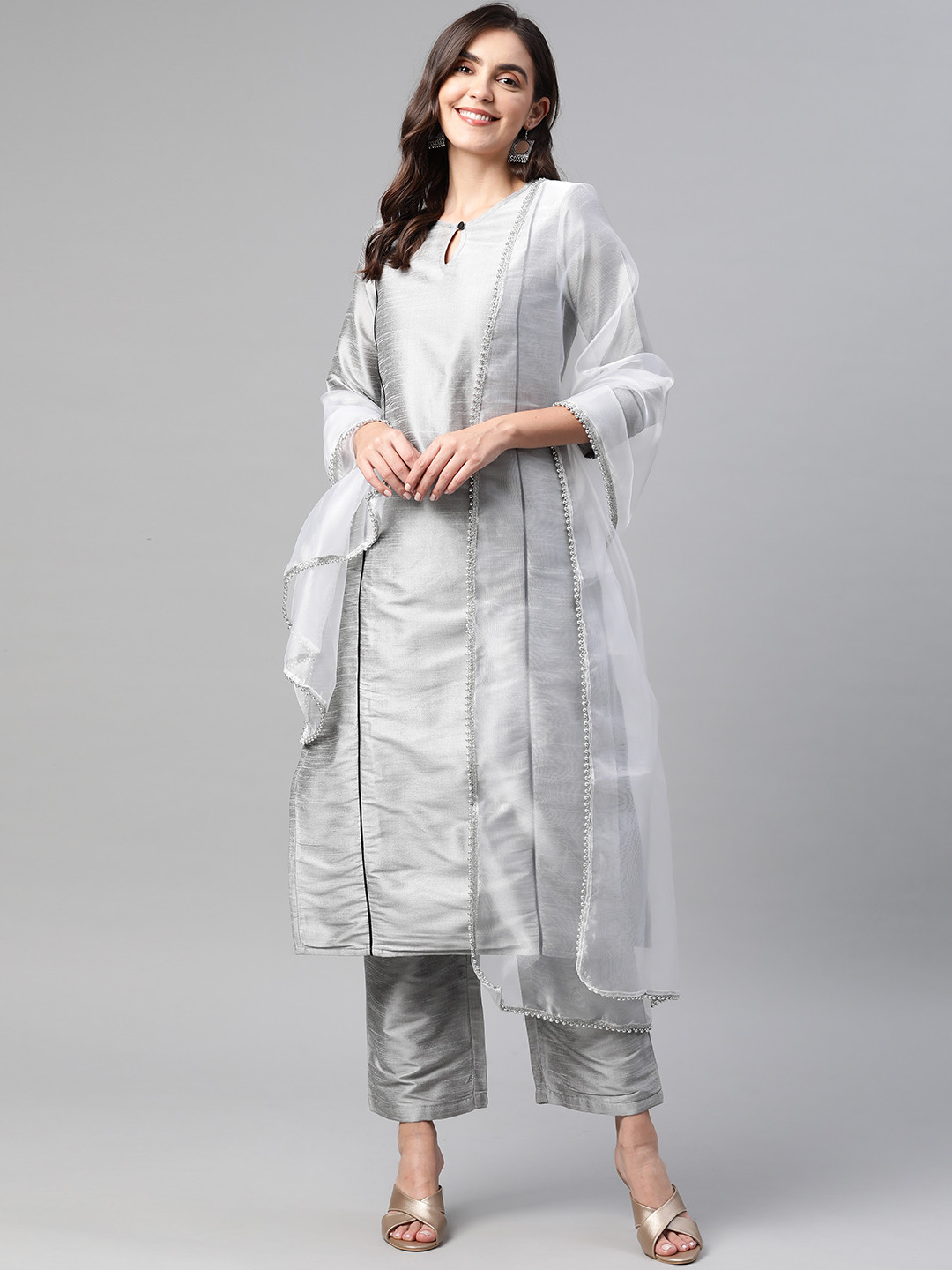 

Cottinfab Women Grey Solid Kurta with Trousers & Dupatta