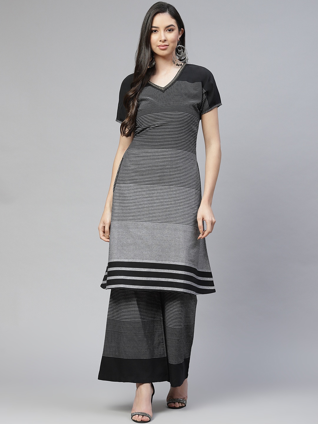 

Cottinfab Women Black Striped Pure Cotton Kurta with Palazzos