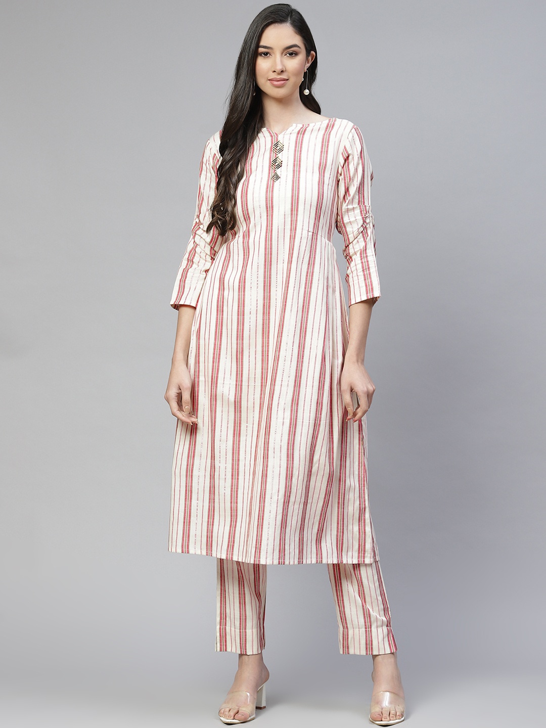 

Cottinfab Women Off White Striped Pure Cotton Kurta with Trousers