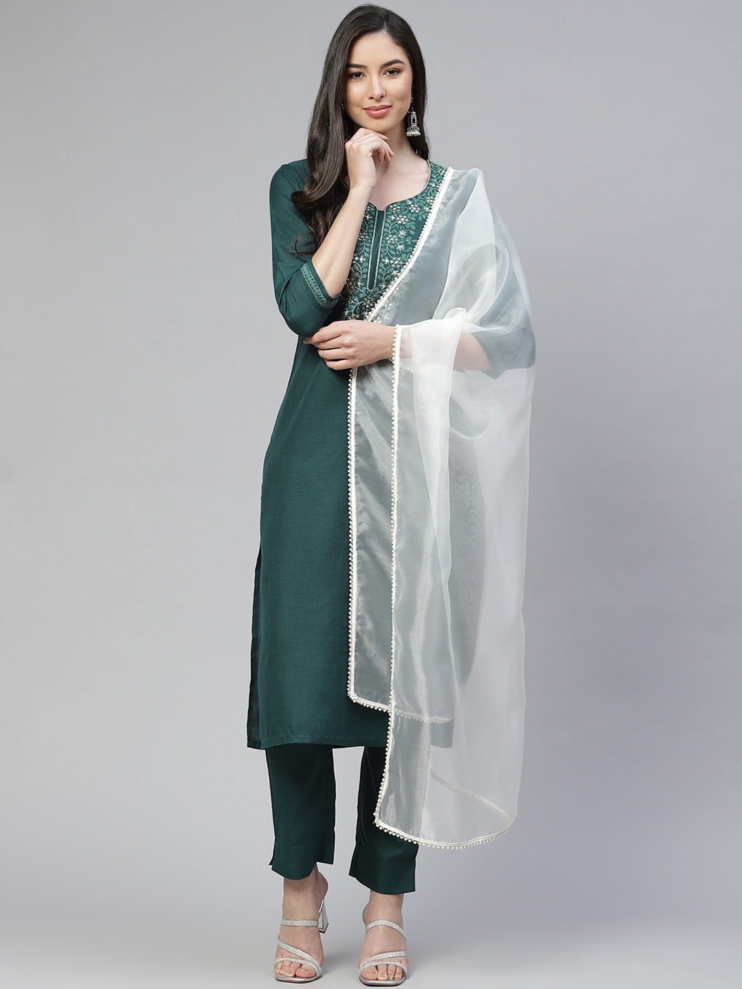 

Cottinfab Women Green Ethnic Motifs Embroidered Kurta with Trousers & With Dupatta