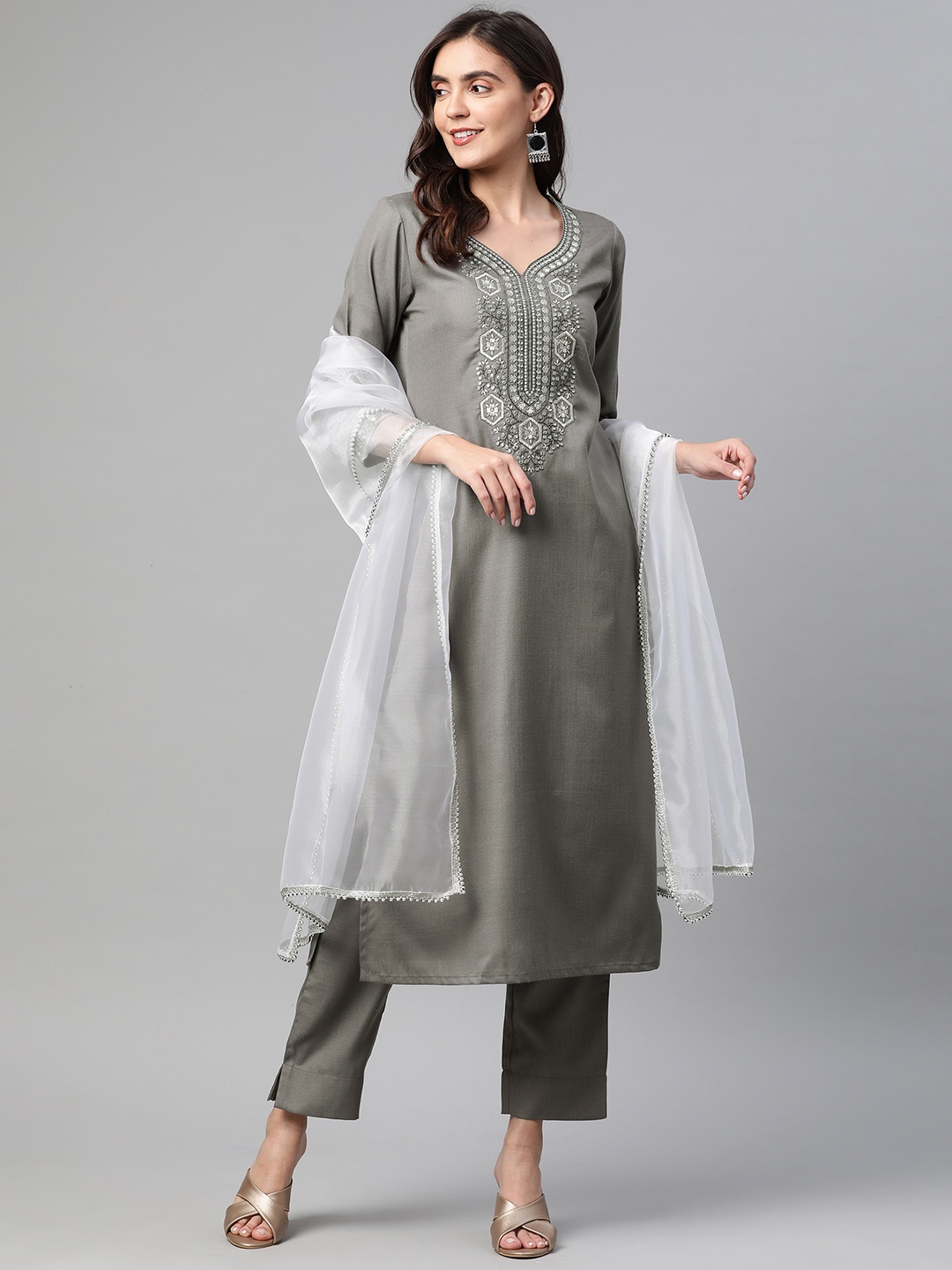 

Cottinfab Women Grey Ethnic Motifs Yoke Design Ebroidered Kurta with Trousers & Dupatta