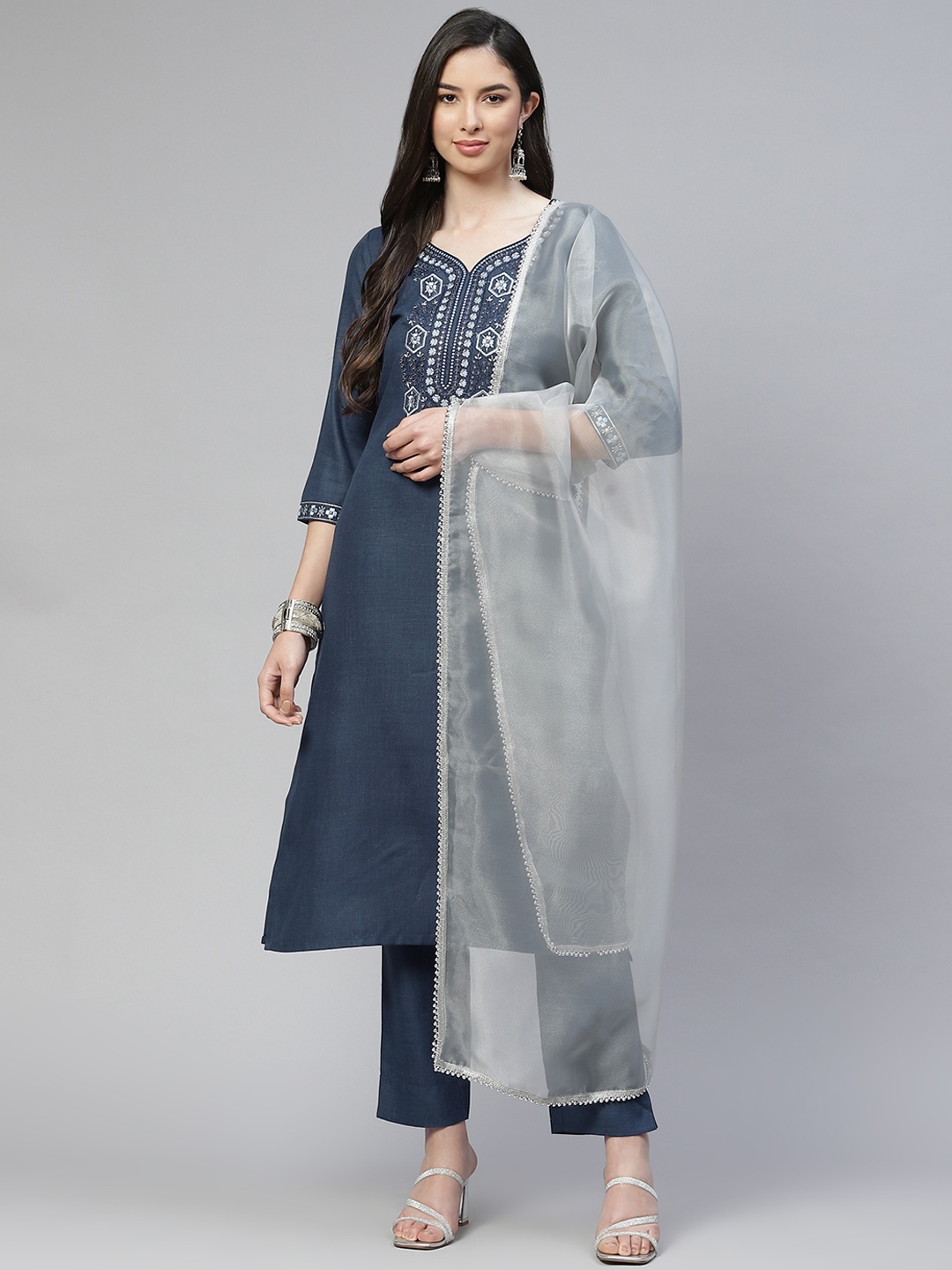 

Cottinfab Women Navy Blue Ethnic Motifs Embroidered Kurta with Trousers & With Dupatta
