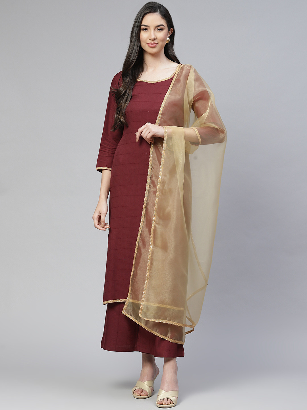 

Cottinfab Women Maroon & Golden Sequined Kurta with Palazzos & With Dupatta