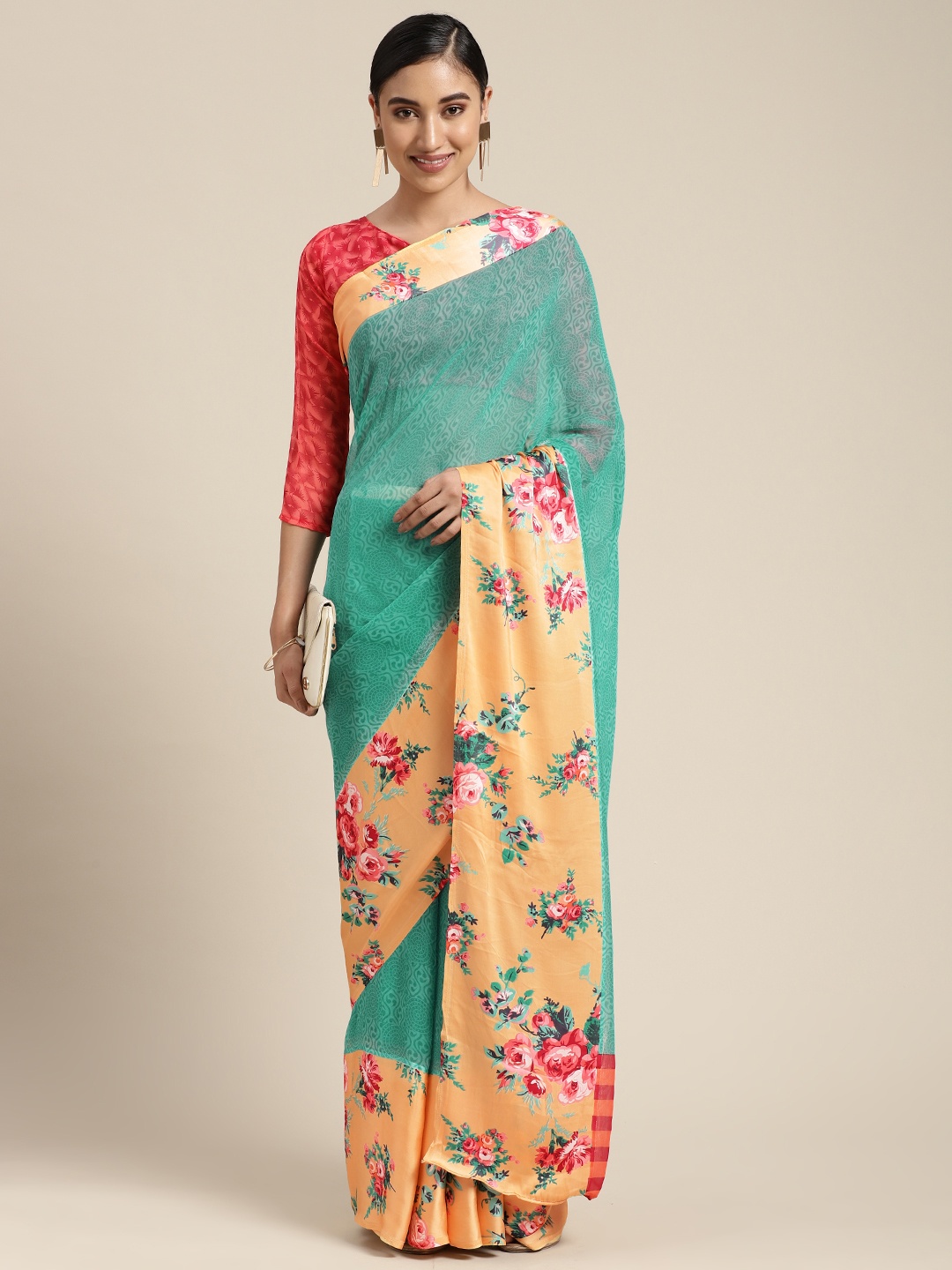 

KALINI Turquoise Blue & Yellow Ethnic Motifs & Floral Print Satin Saree