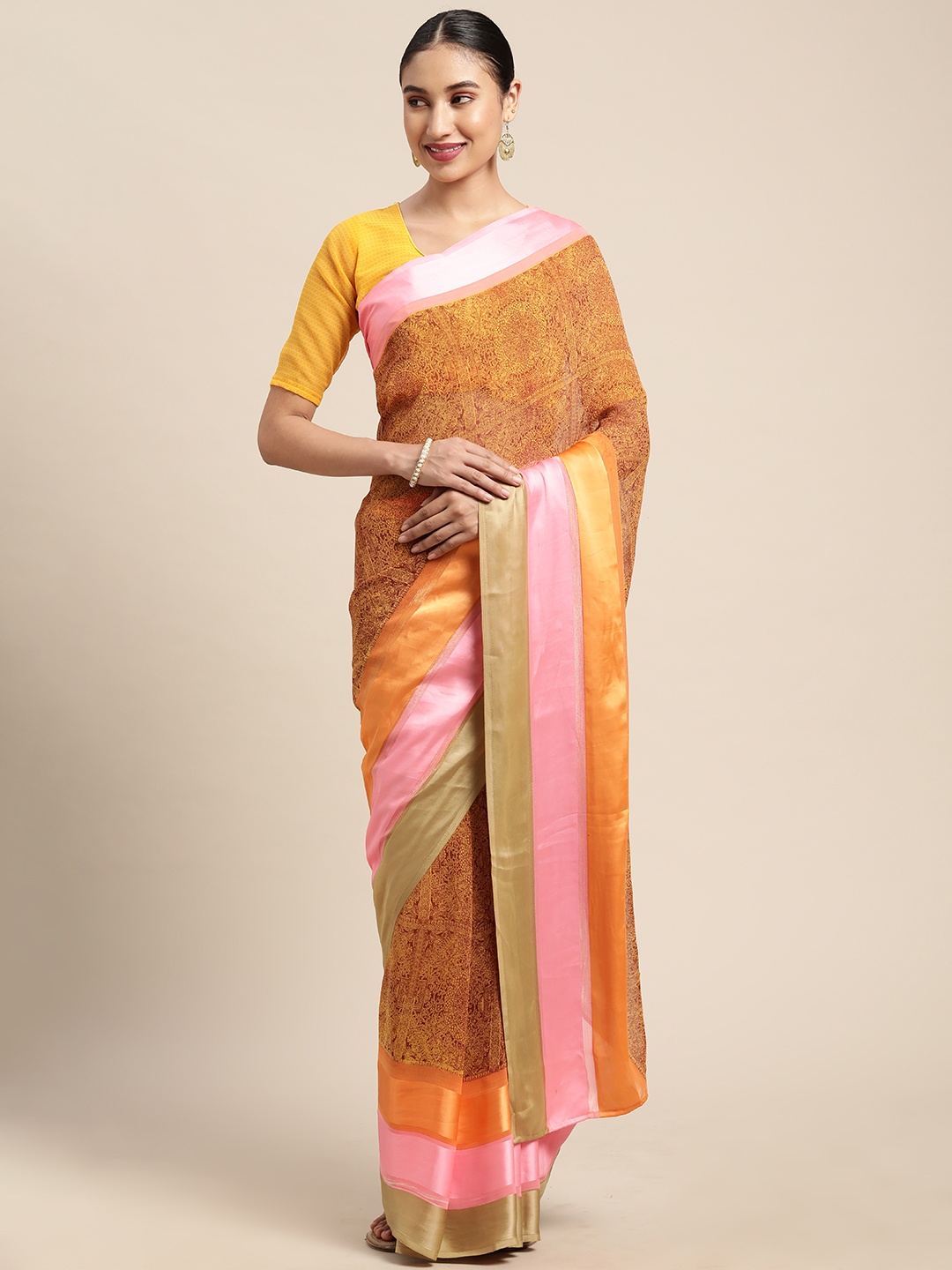 

KALINI Women Brown & Pink Abstract Printed Satin Saree