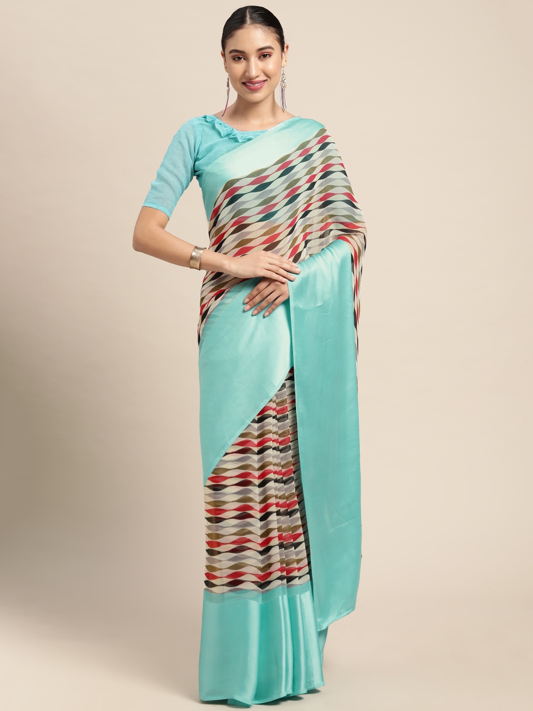 

KALINI Turquoise Blue Geometric Print Satin Saree