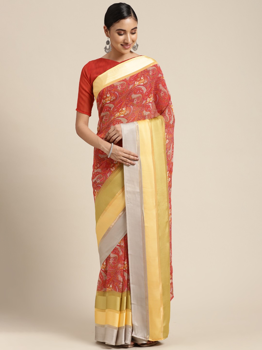 

KALINI Women Red & Yellow Ethnic Motifs Printed Satin Saree