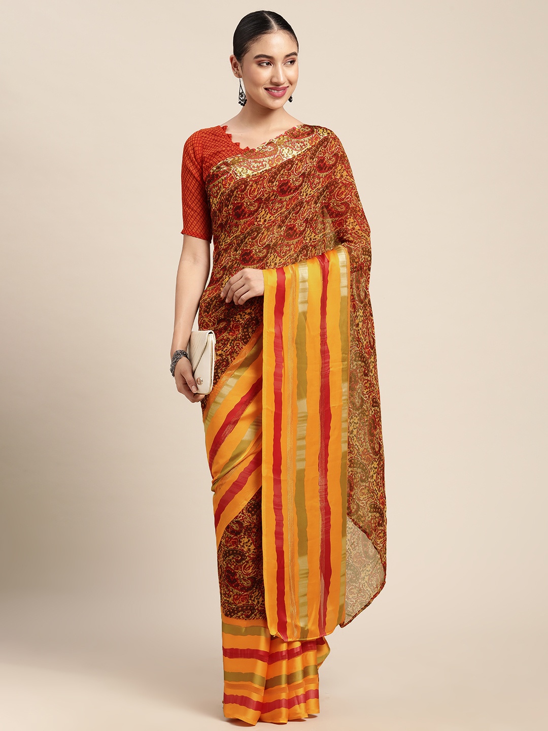 

KALINI Red & Yellow Ethnic Motifs Satin Saree
