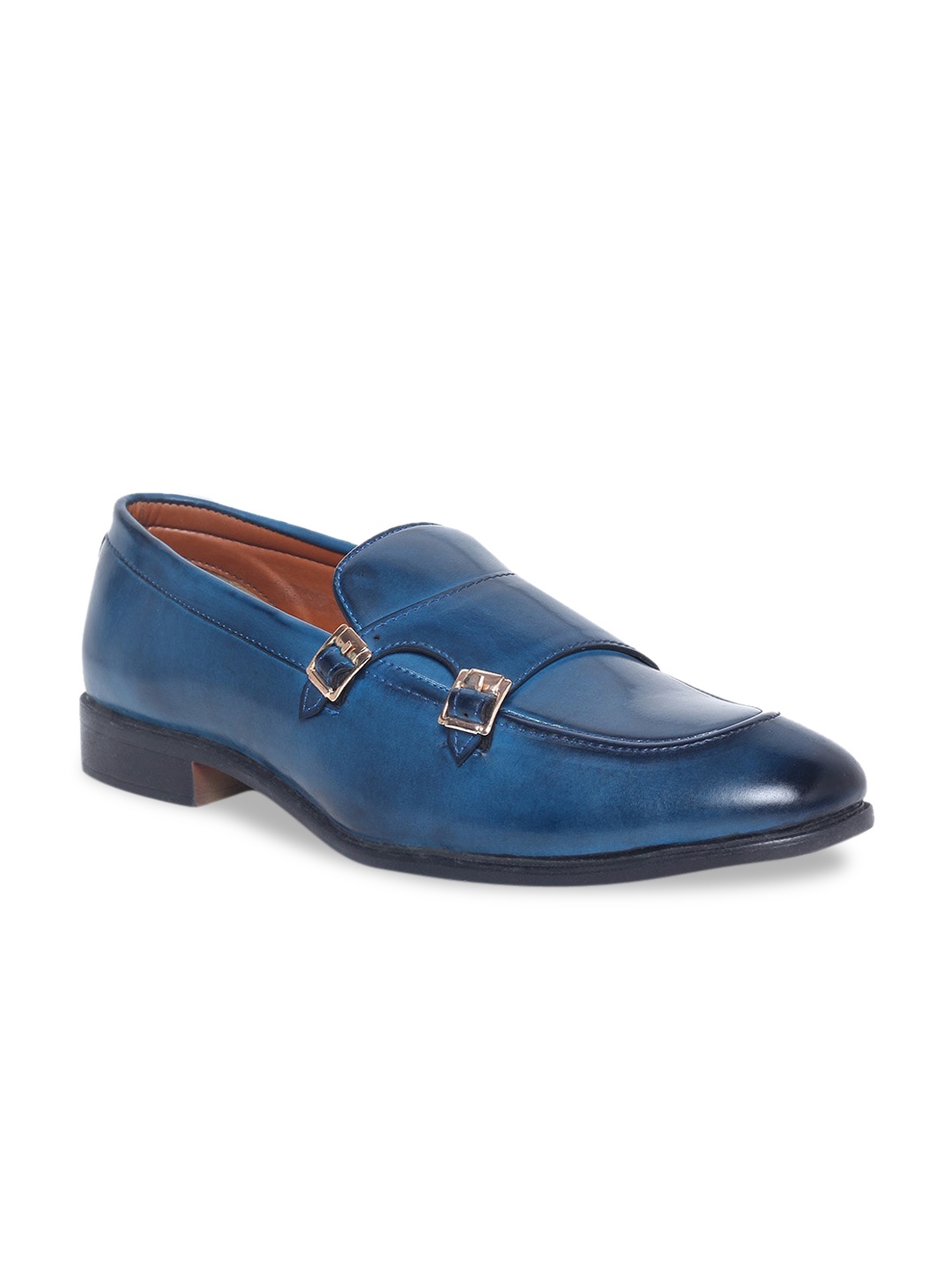 

MUTAQINOTI Men Blue Solid Patent Leather Monks