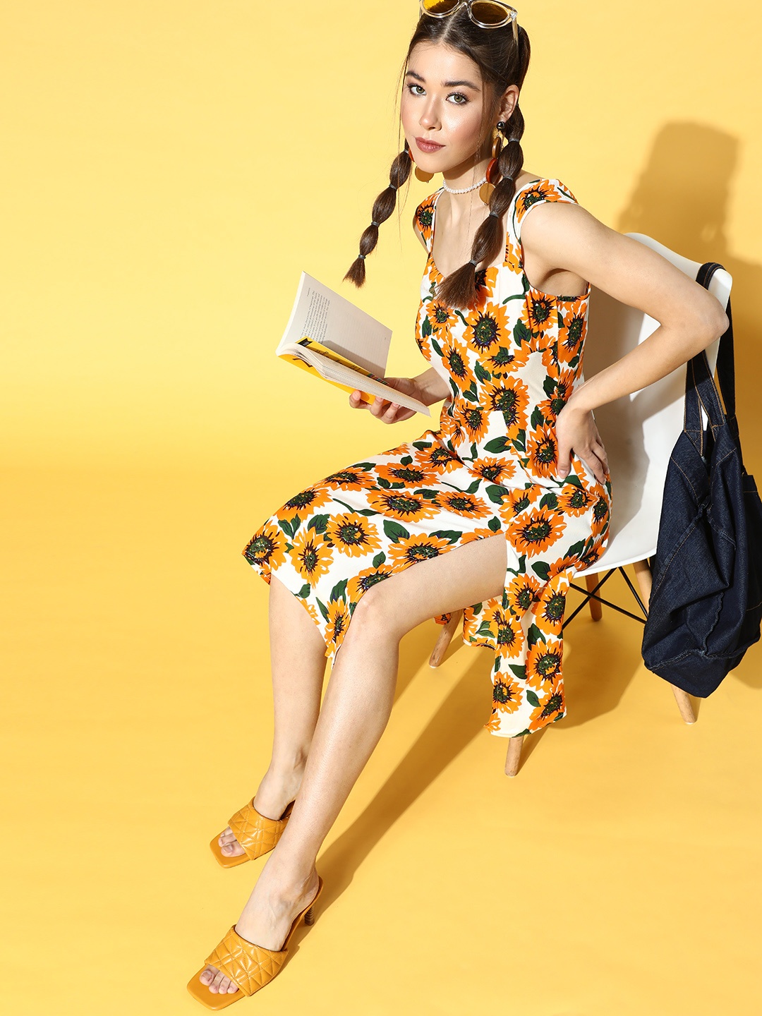 

Berrylush White & Mustard Yellow Floral A-Line Midi Dress