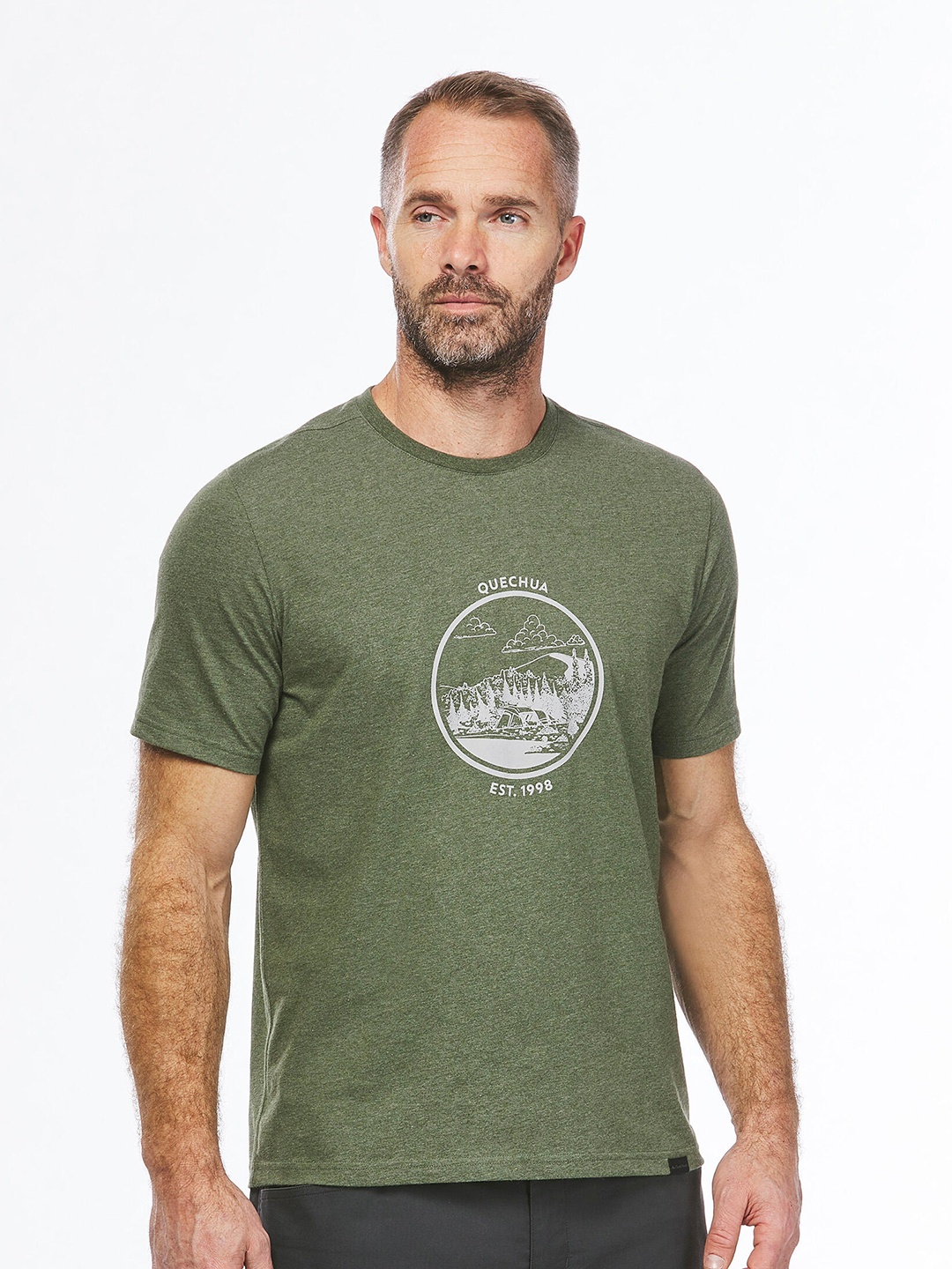 

Quechua By Decathlon Men Olive Green Printed Hiking & Trekking T-shirt