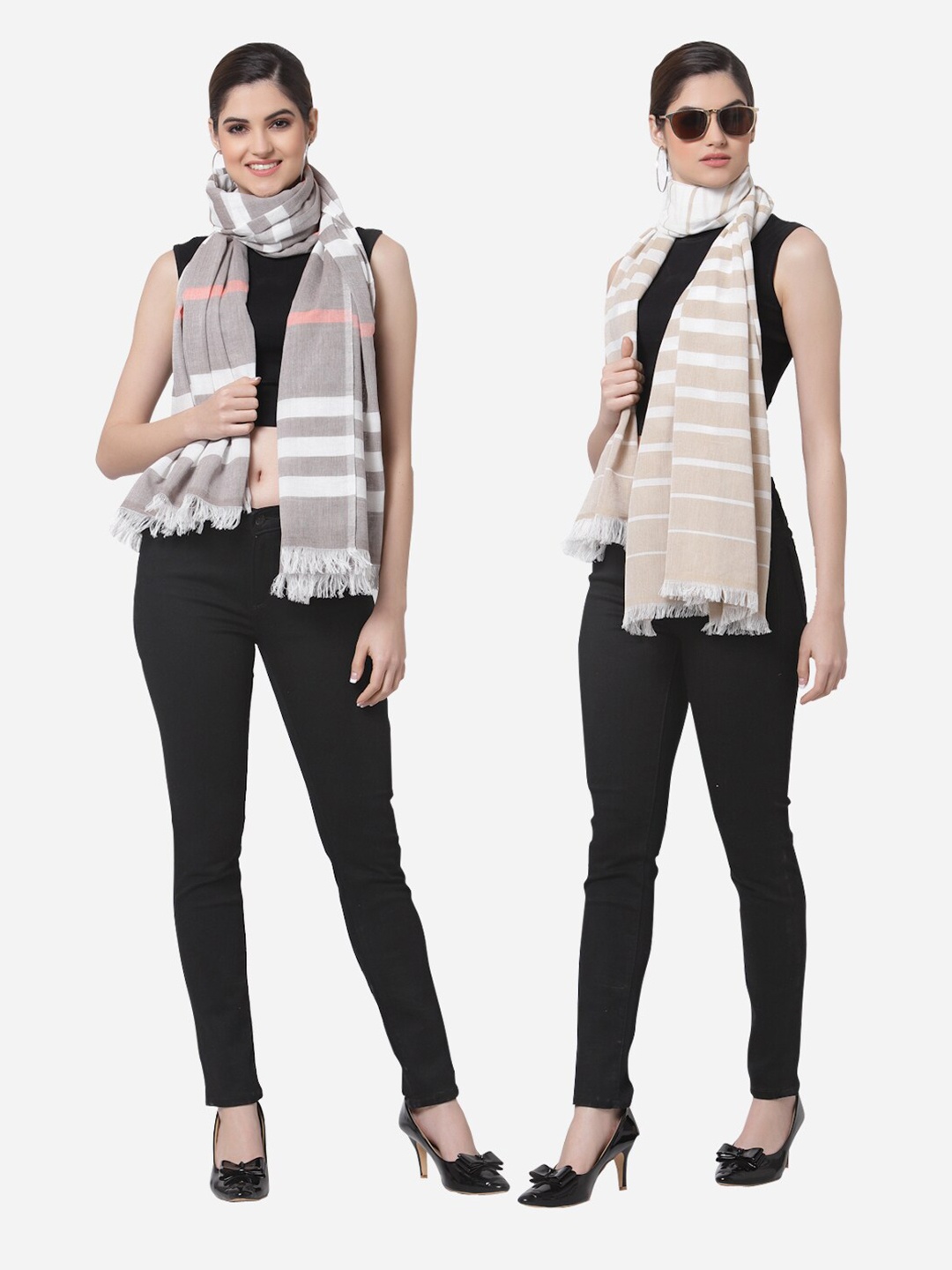 

Arrabi Women Pack Of 2 Grey & Beige Striped Stole