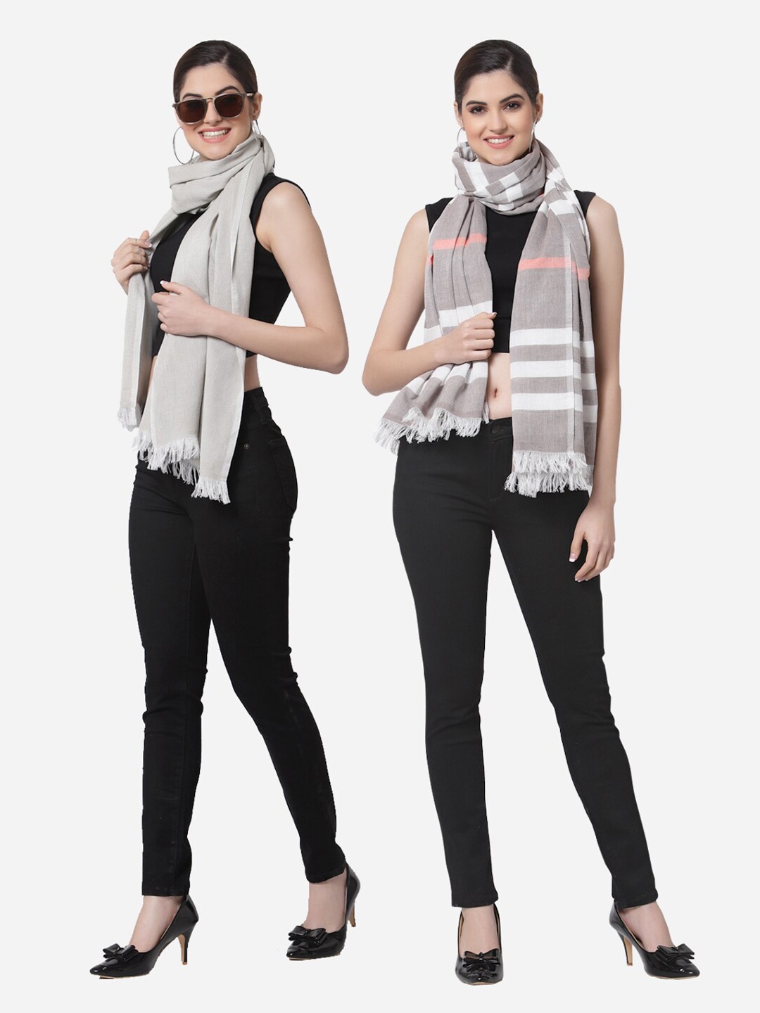 

Arrabi Women Set Of 2 Grey Striped Cotton Stoles