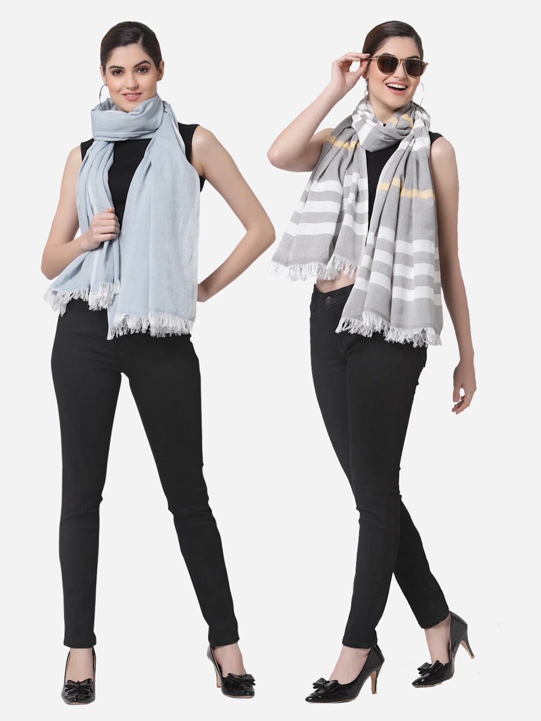 

Arrabi Set Of 2 Women Blue & Grey Cotton Stole