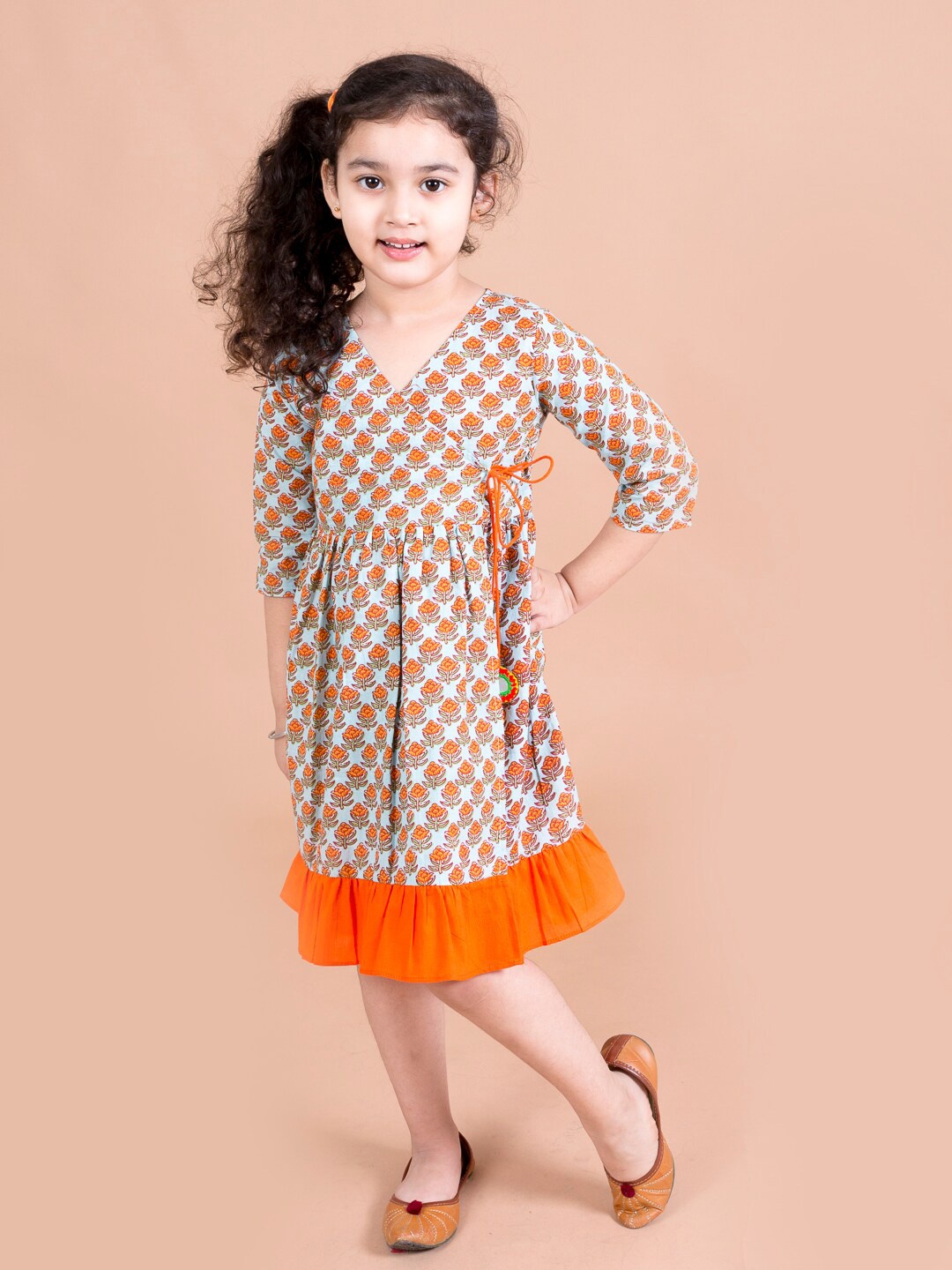 

pspeaches Turquoise Blue & Orange Ethnic Motifs Cotton Wrap Dress