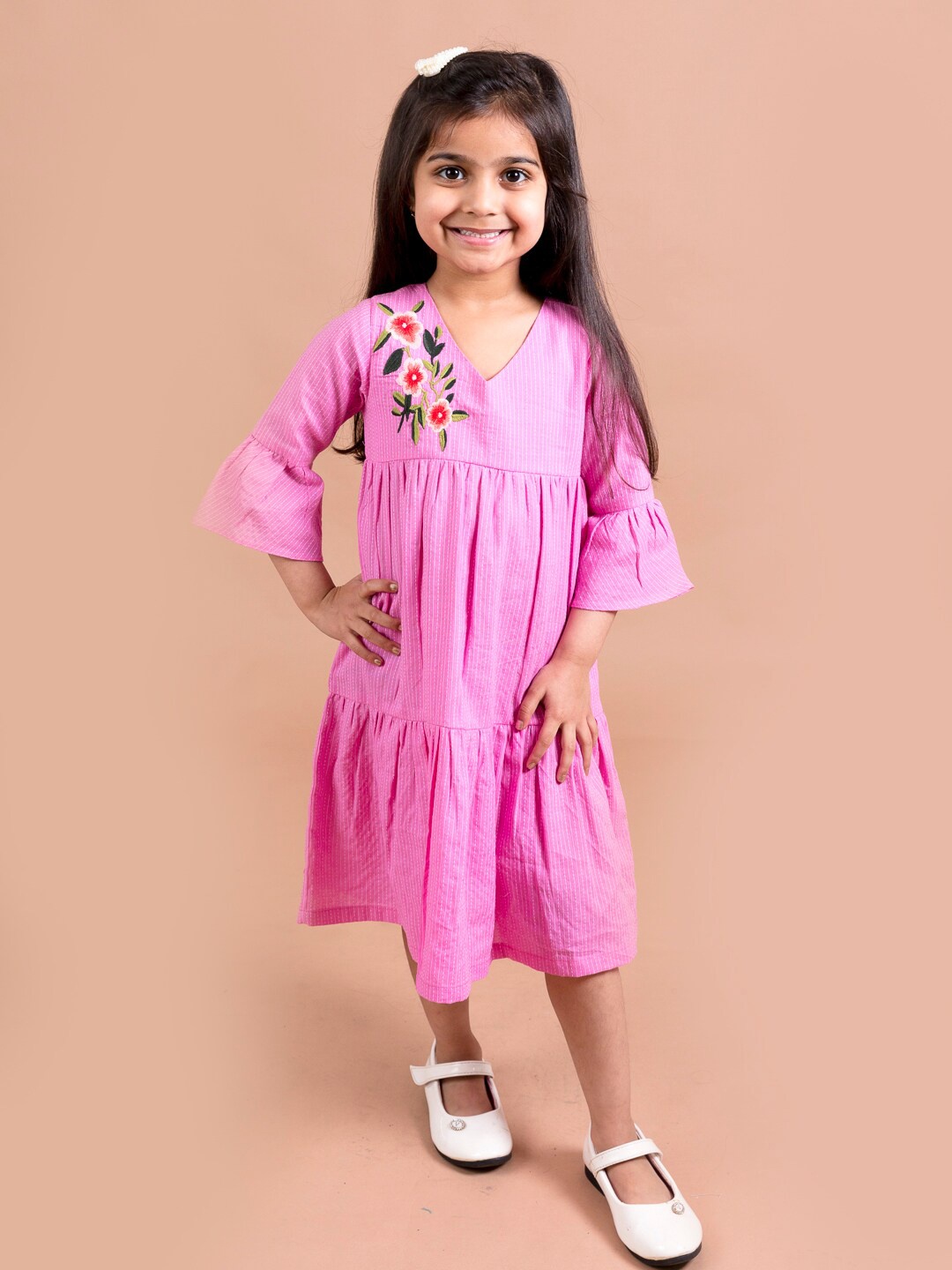 

pspeaches Pink Floral Embroidered A-Line Pure Cotton Dress