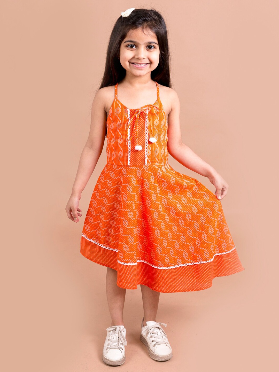 

pspeaches Girls Orange Printed Fit & Flare Pure Cotton Midi Dress
