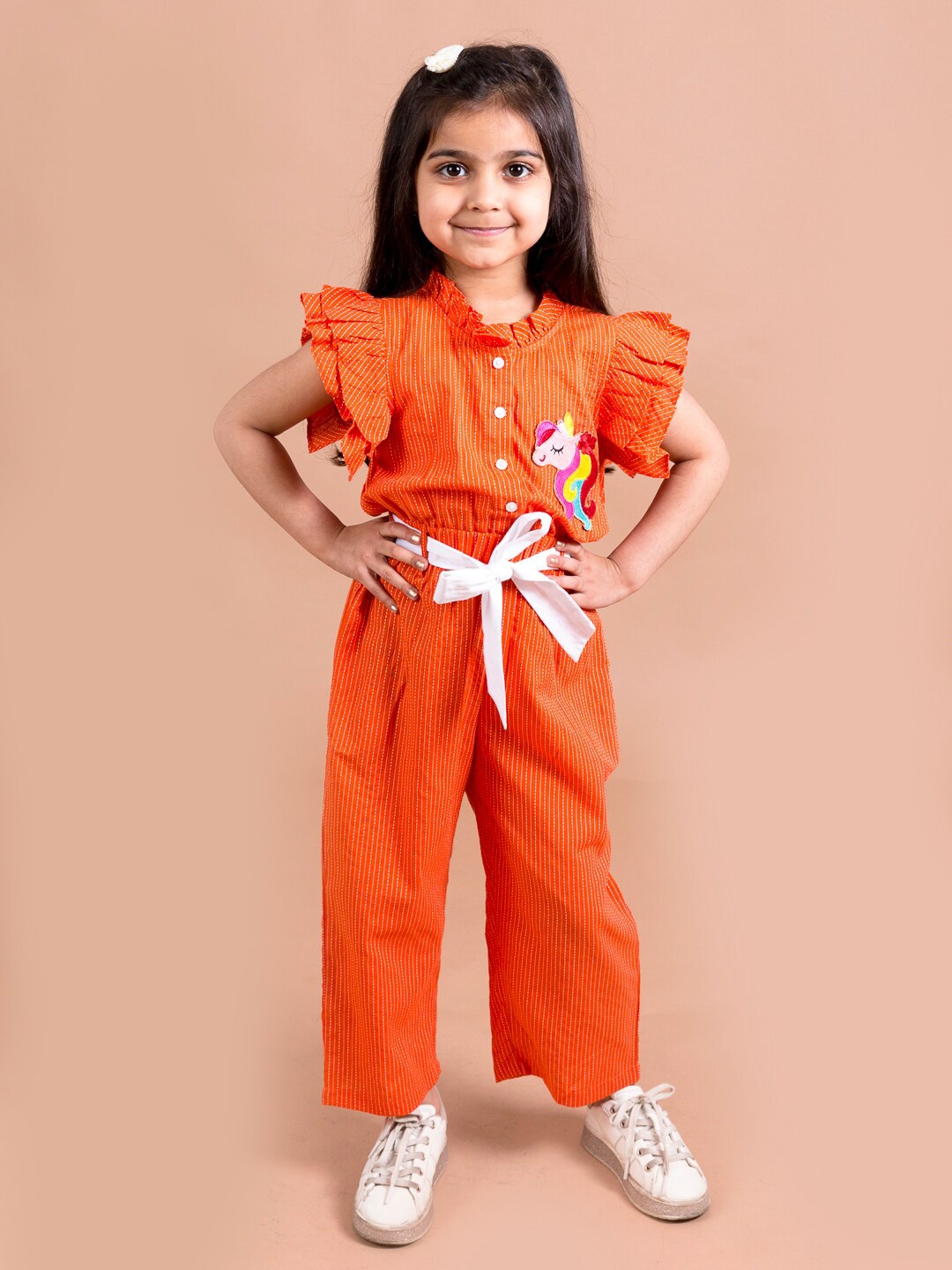 

pspeaches Girls Cotton Orange & White Striped Printed Unicorn Basic Ruffled Jumpsuit