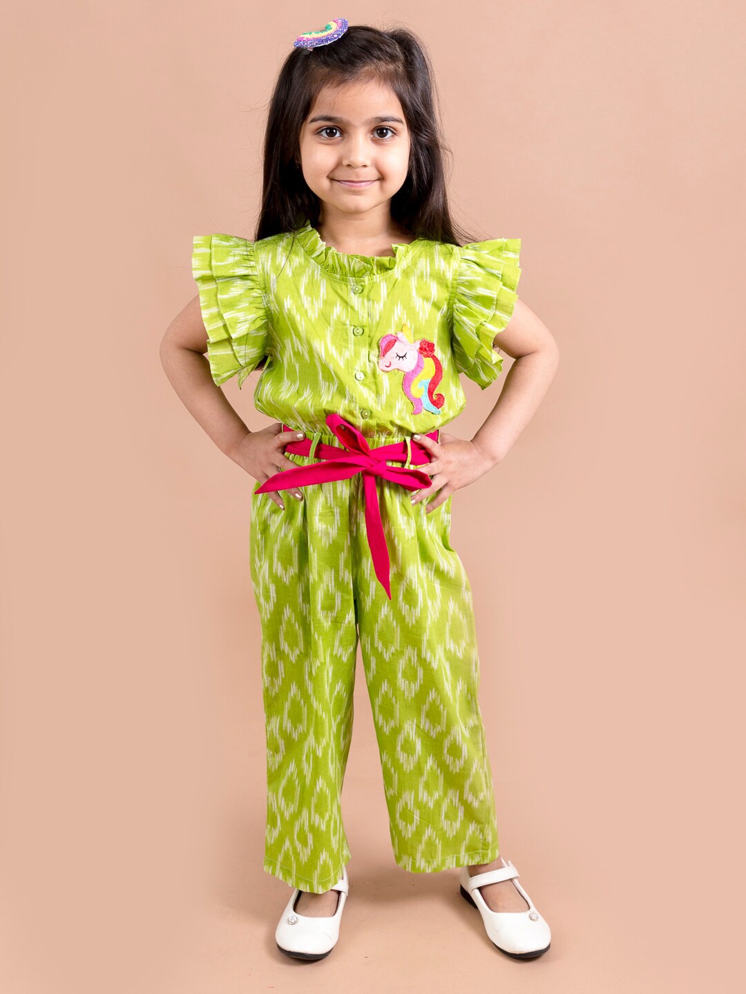 

pspeaches Girls Green & Magenta Printed Basic Jumpsuit