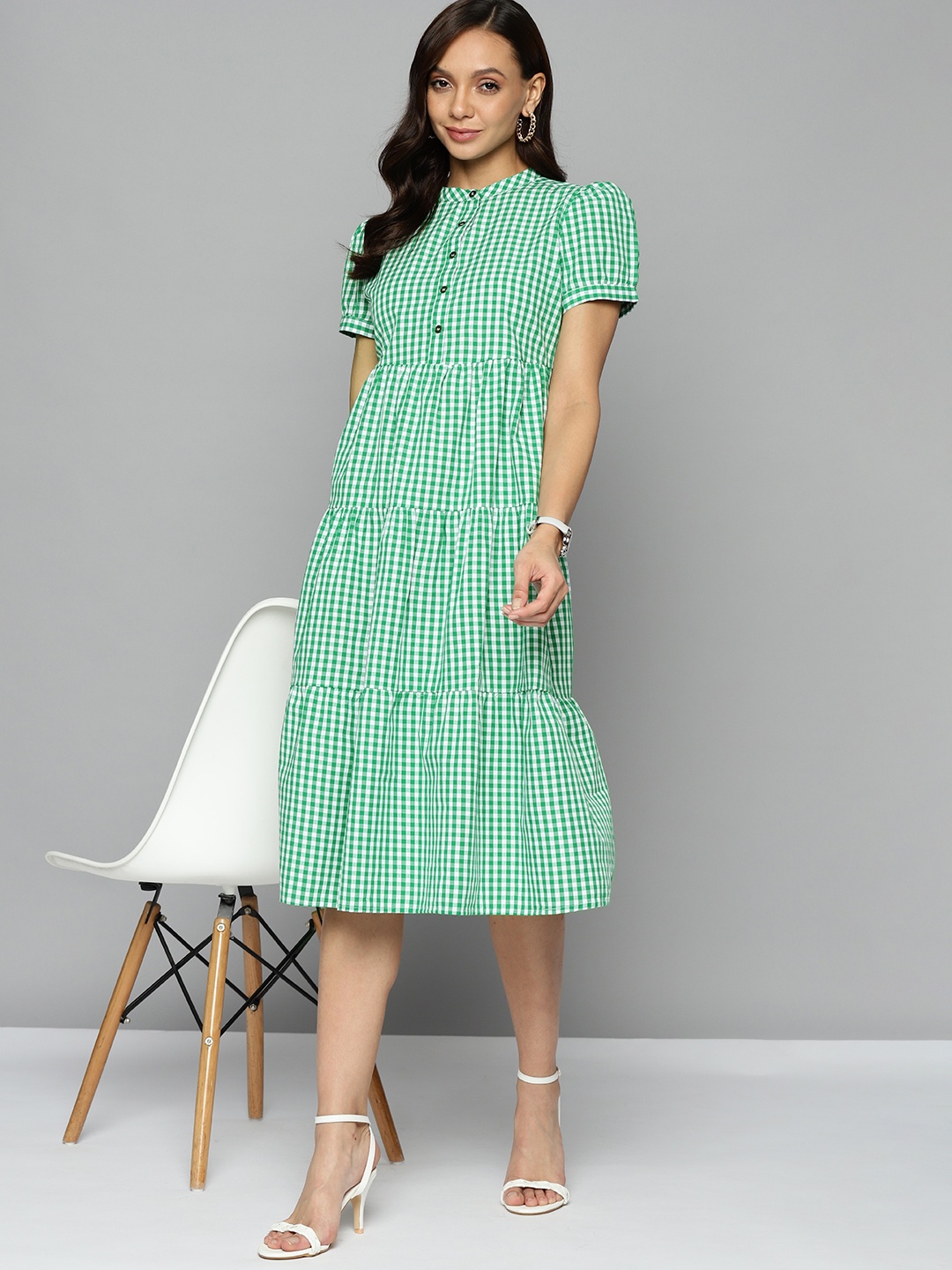 

Chemistry Green & White Checked Tiered A-Line Midi Dress