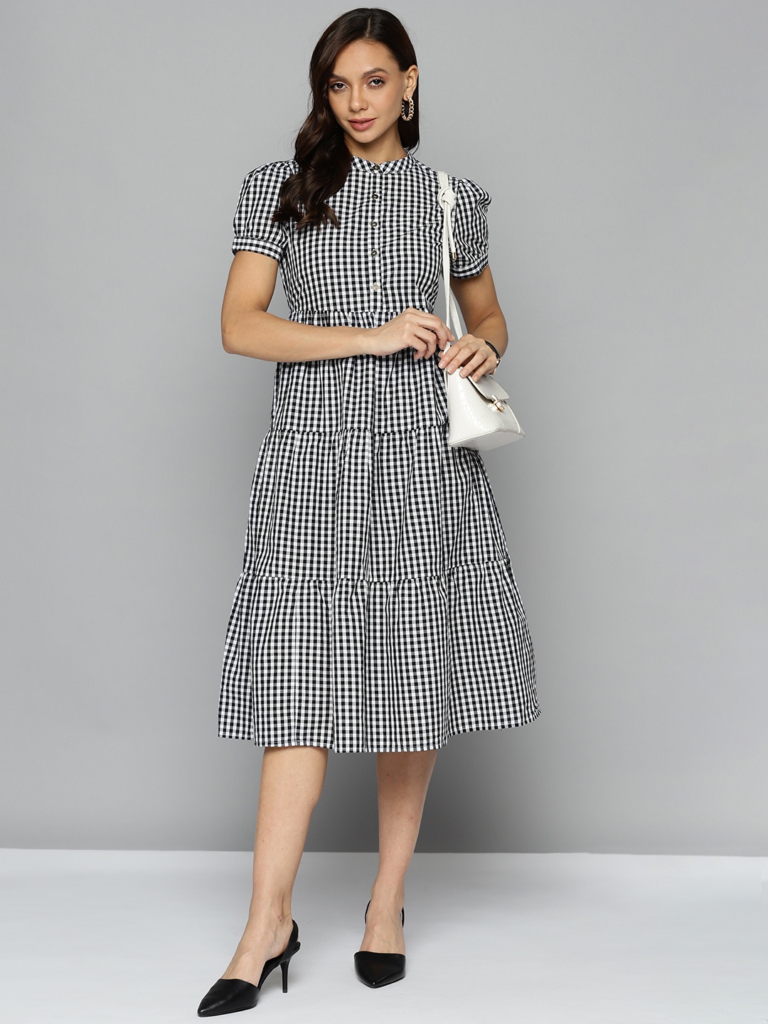 

Chemistry Black & White Checked Tiered A-Line Midi Dress
