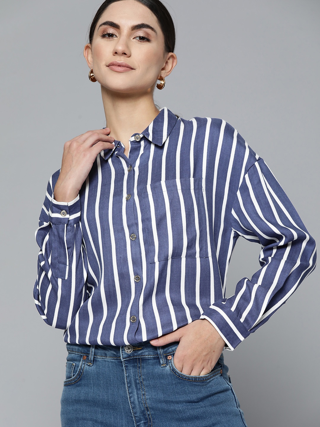 

Chemistry Women Navy Blue Striped Casual Shirt