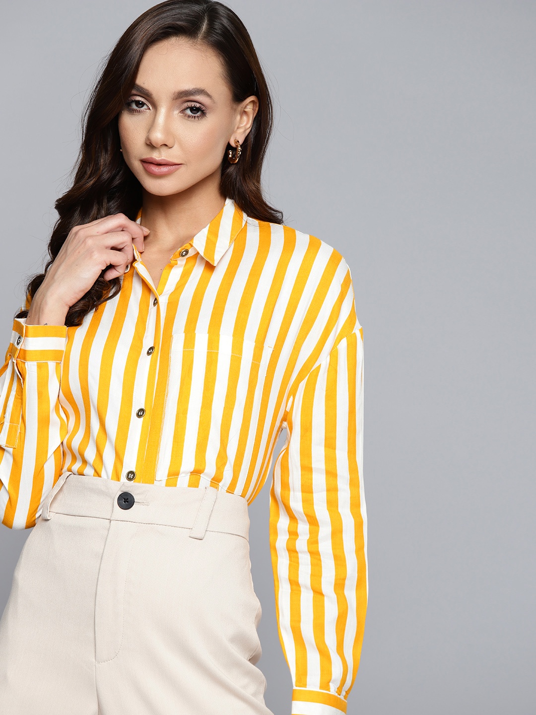

Chemistry Women Mustard & White Striped Casual Shirt