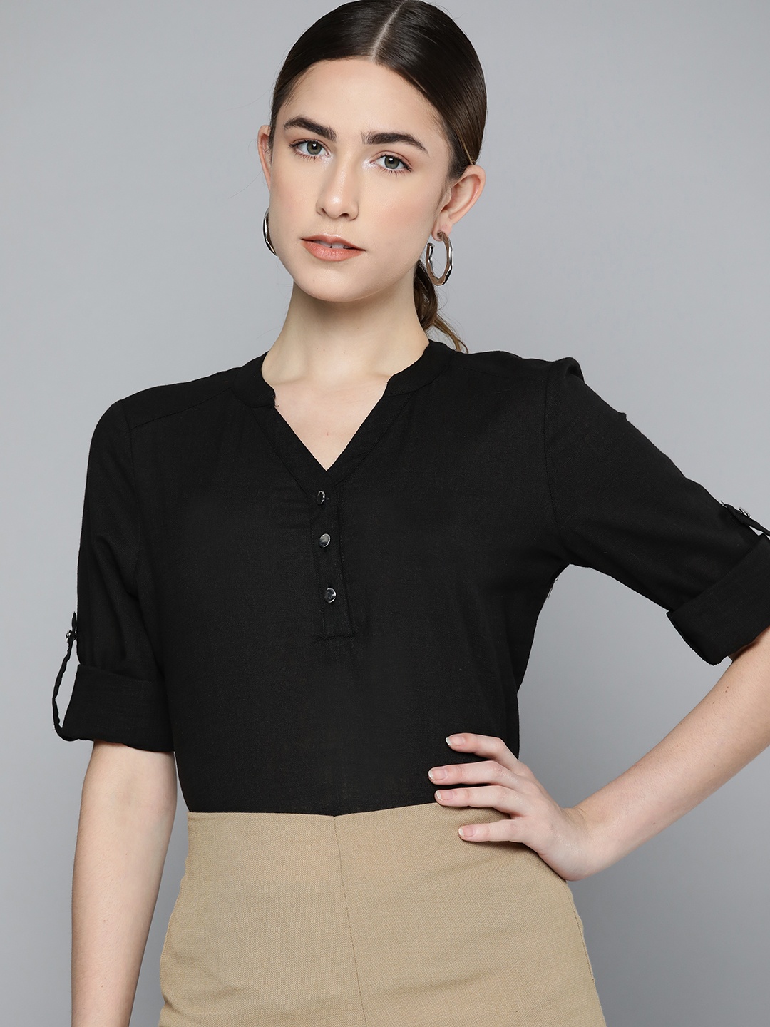 

Chemistry Women Black Solid Pure Cotton Mandarin Collar Top