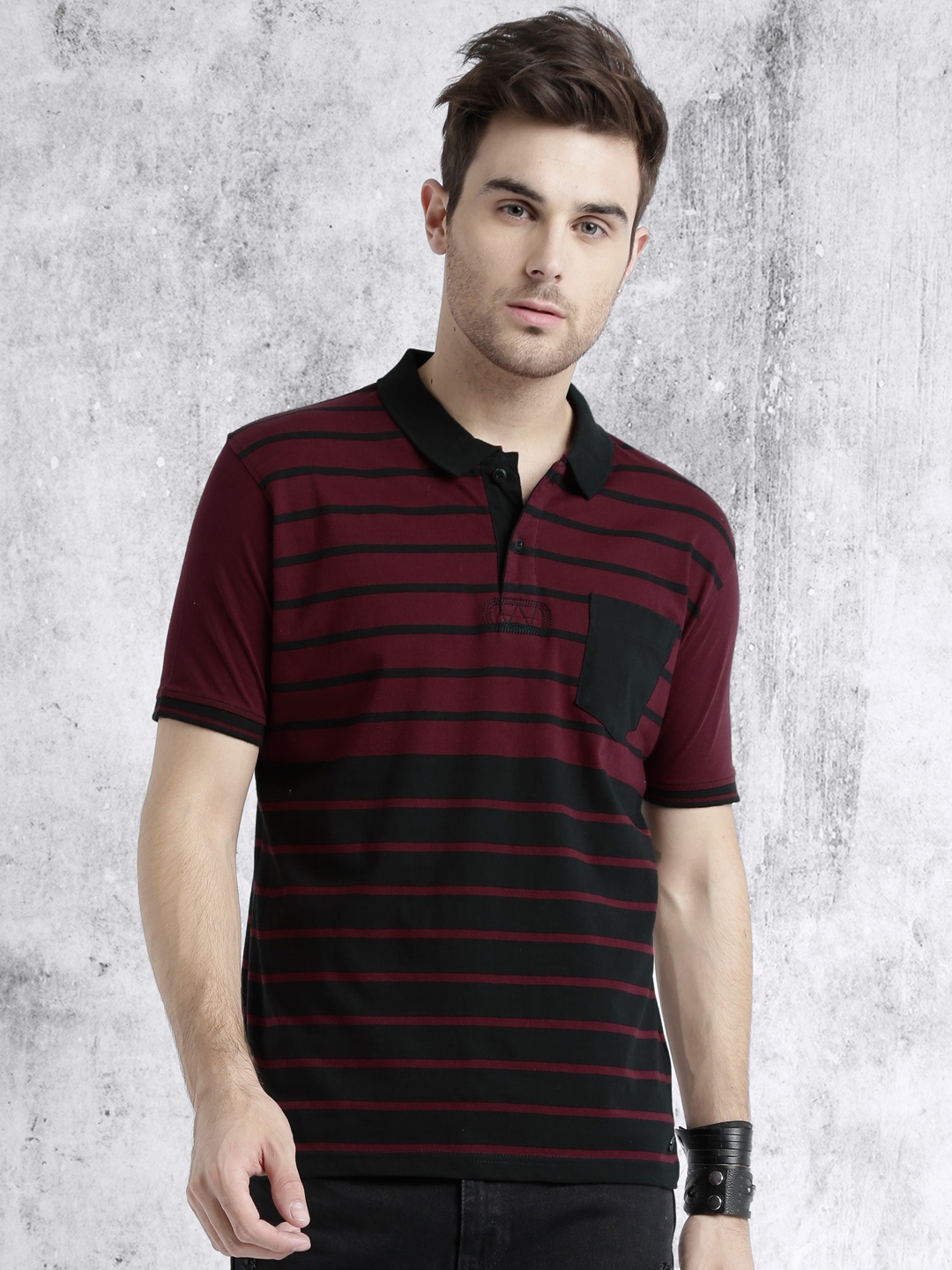 

Roadster Men Burgundy Black Striped Polo Collar Pure Cotton T-shirt