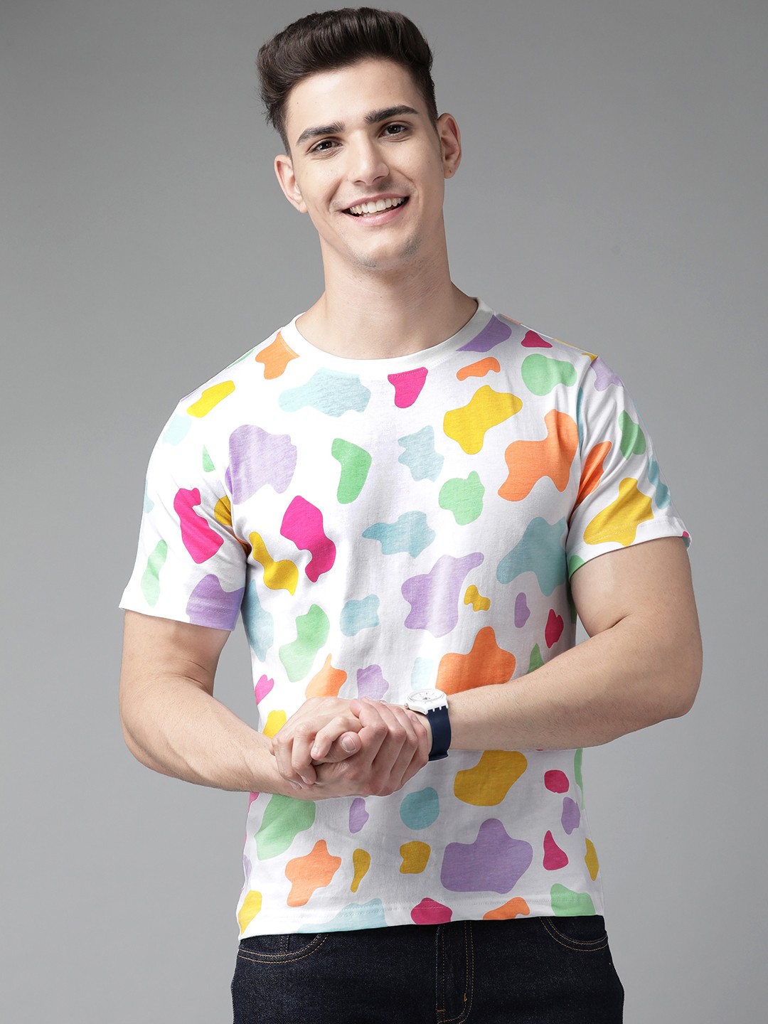

The Dry State Men White Animal Print Round Neck Pure Cotton Regular Fit T-shirt