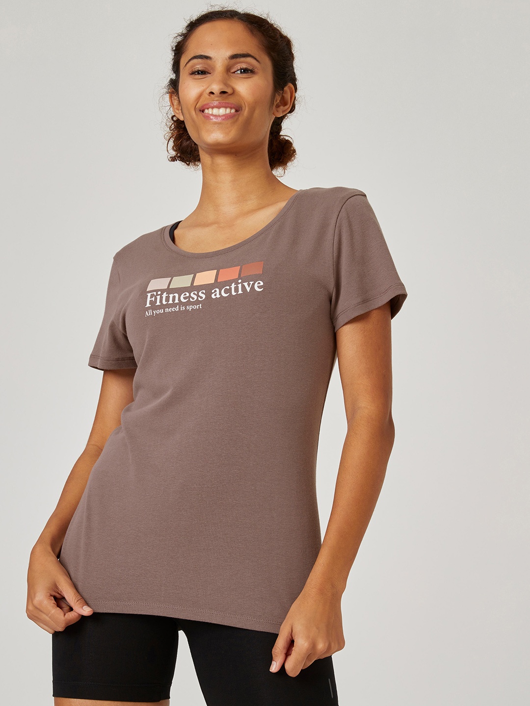 

NYAMBA By Decathlon Women Grey Typography Printed Stretch Cotton T-shirt
