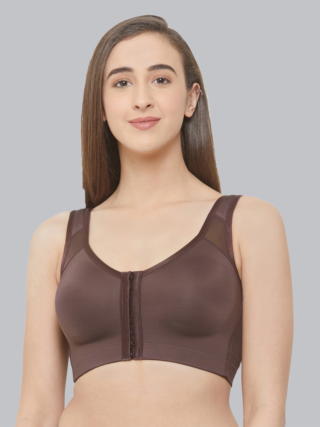 

Soie Front Closure Full Coverage Non Padded Non Wired Posture Correction Bra, Brown
