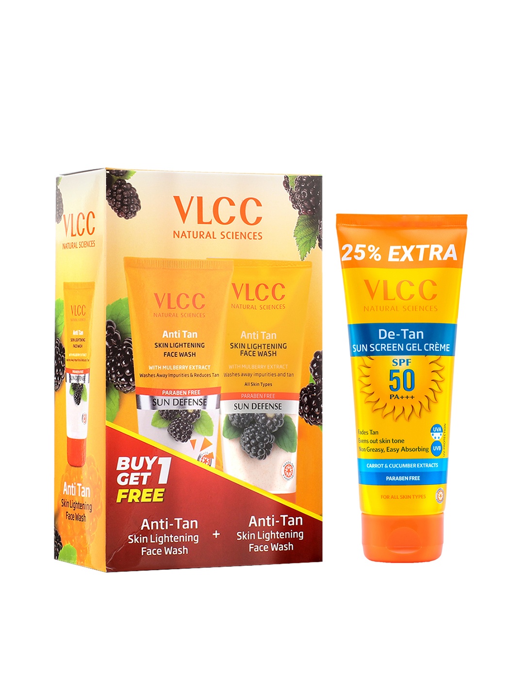 

VLCC 2 Anti-Tan Skin Lightening Face Wash 150ml Each & De-Tan SPF 50 Sunscreen Gel 125g, Yellow