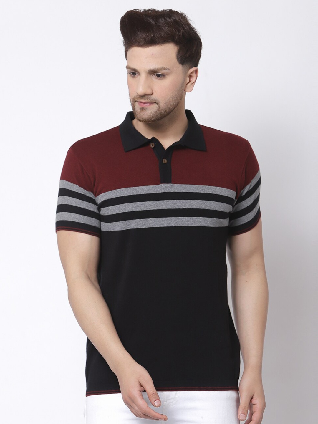 

Kalt Men Maroon & Black Striped Polo Collar T-shirt